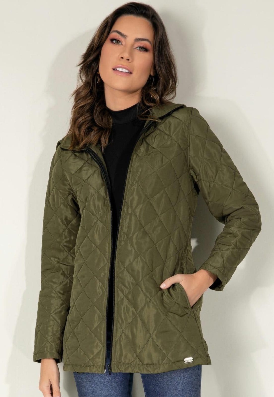 Vista principal Jaqueta Puff Com Capuz E Bolsos Quintess verde