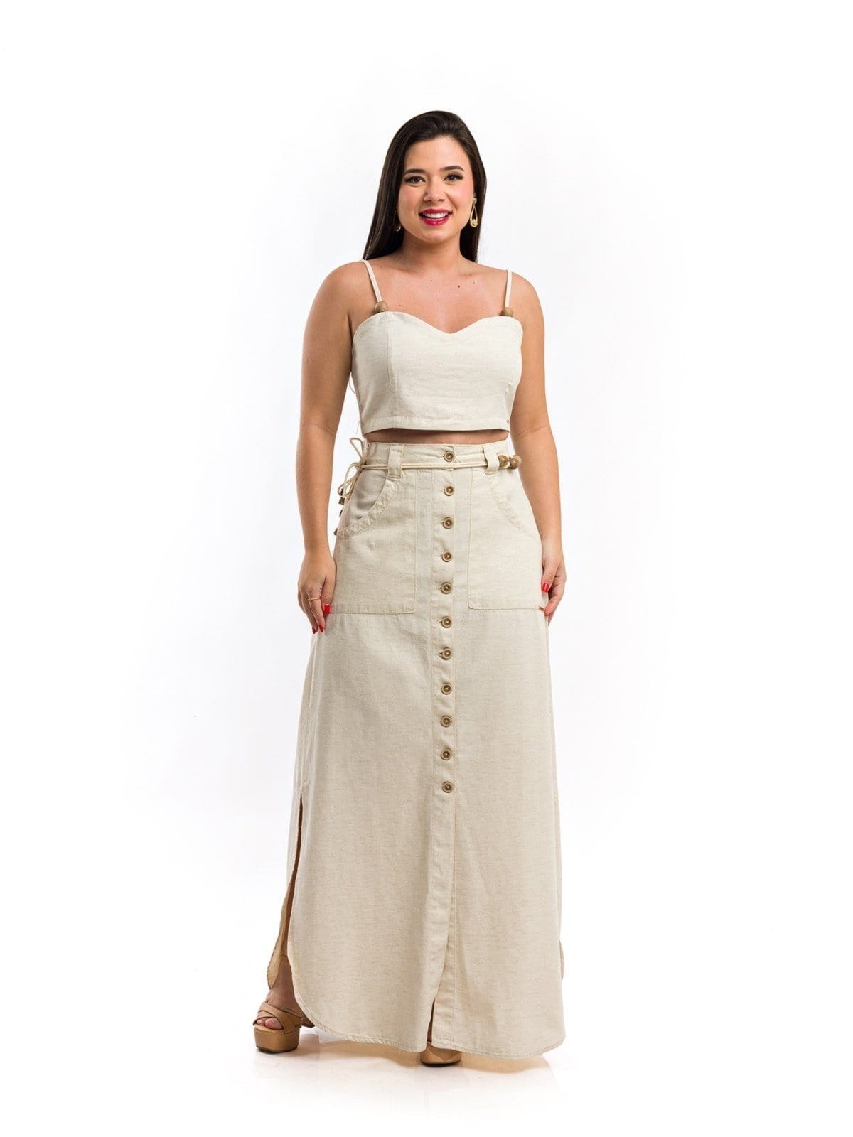 Vista principal Saia Longa Restrito Jeans De Linho Natural - Bege Restrito Jeans bege natural