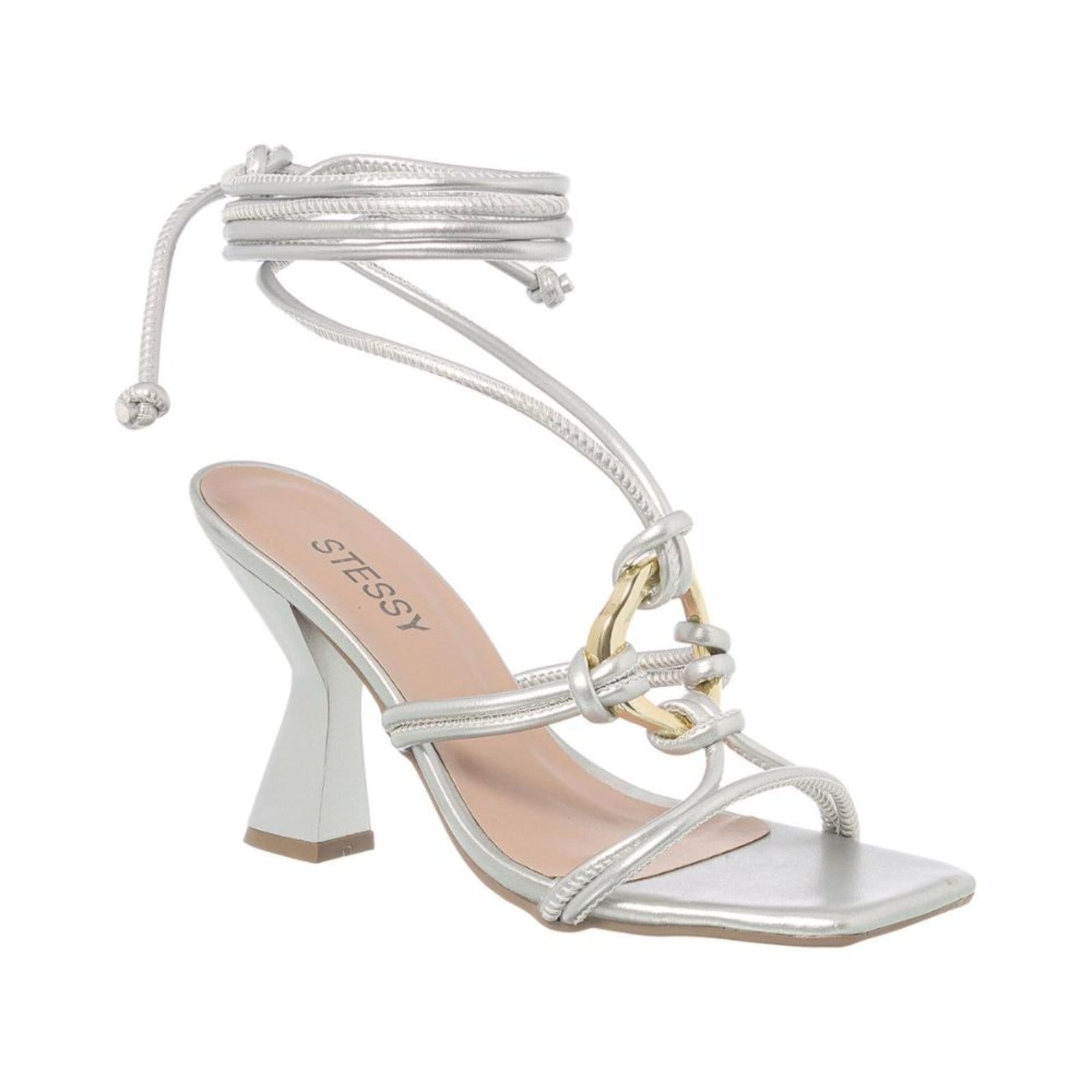 Sandália Amarrar Feminina Salto Alto Grosso Enfeite Orgânico - Off White - 34 Prata