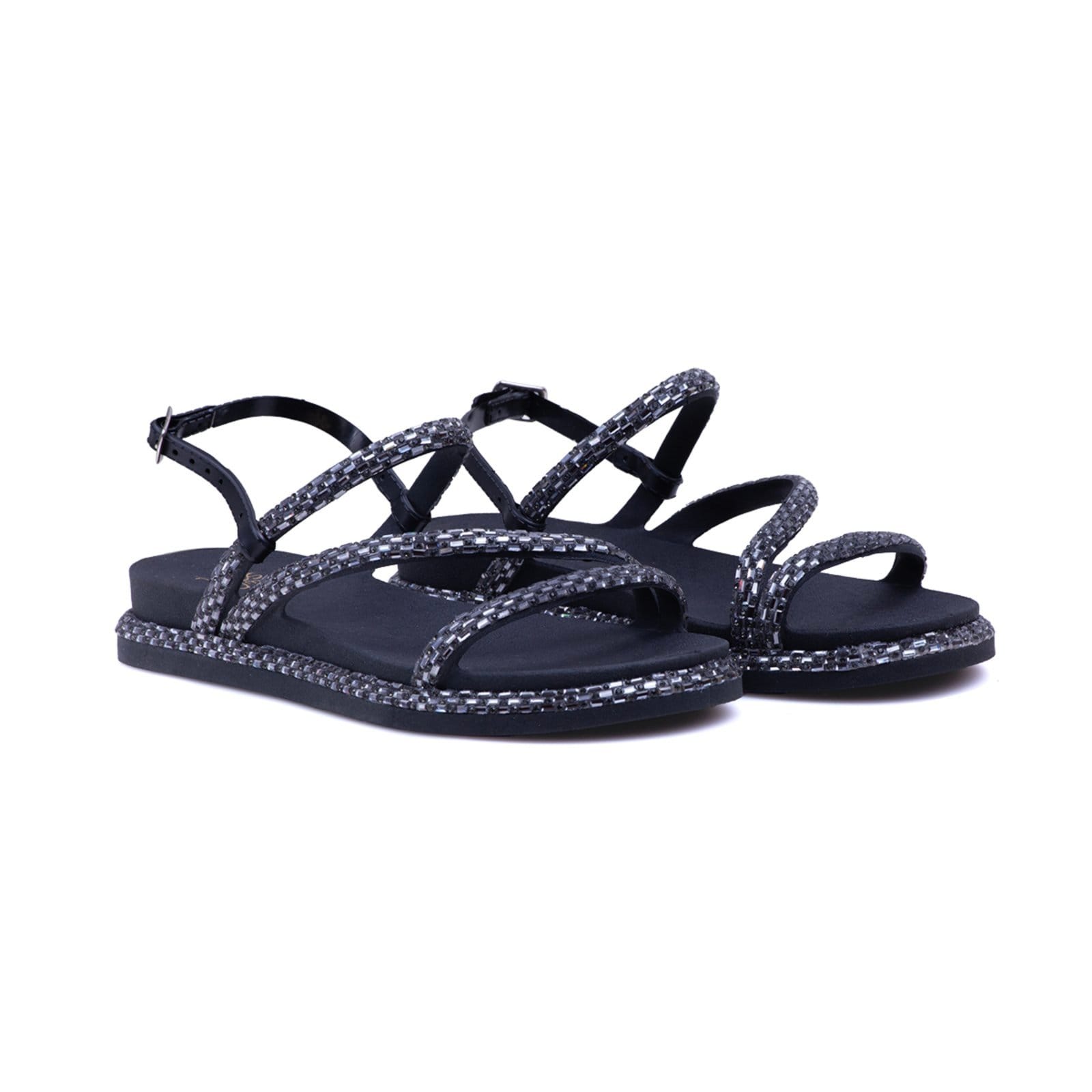 Vista 2 Sandália Rasteira Tiras Finas Strass Papete Casual Preta Safira Nine4 grafite/preto