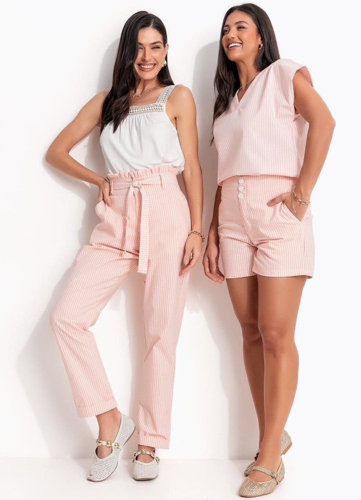 Vista principal Calça Em Tecido Plano Sustentável. Quintess Listrado Quintess rosa