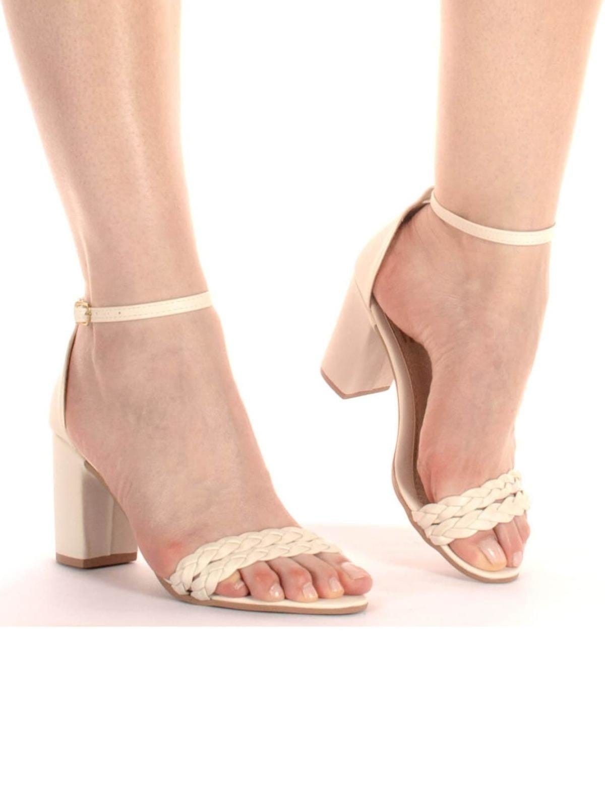 Sandalia Feminina Salto Alto Social Grosso Trança Confortável Via Angel 5202 off-white