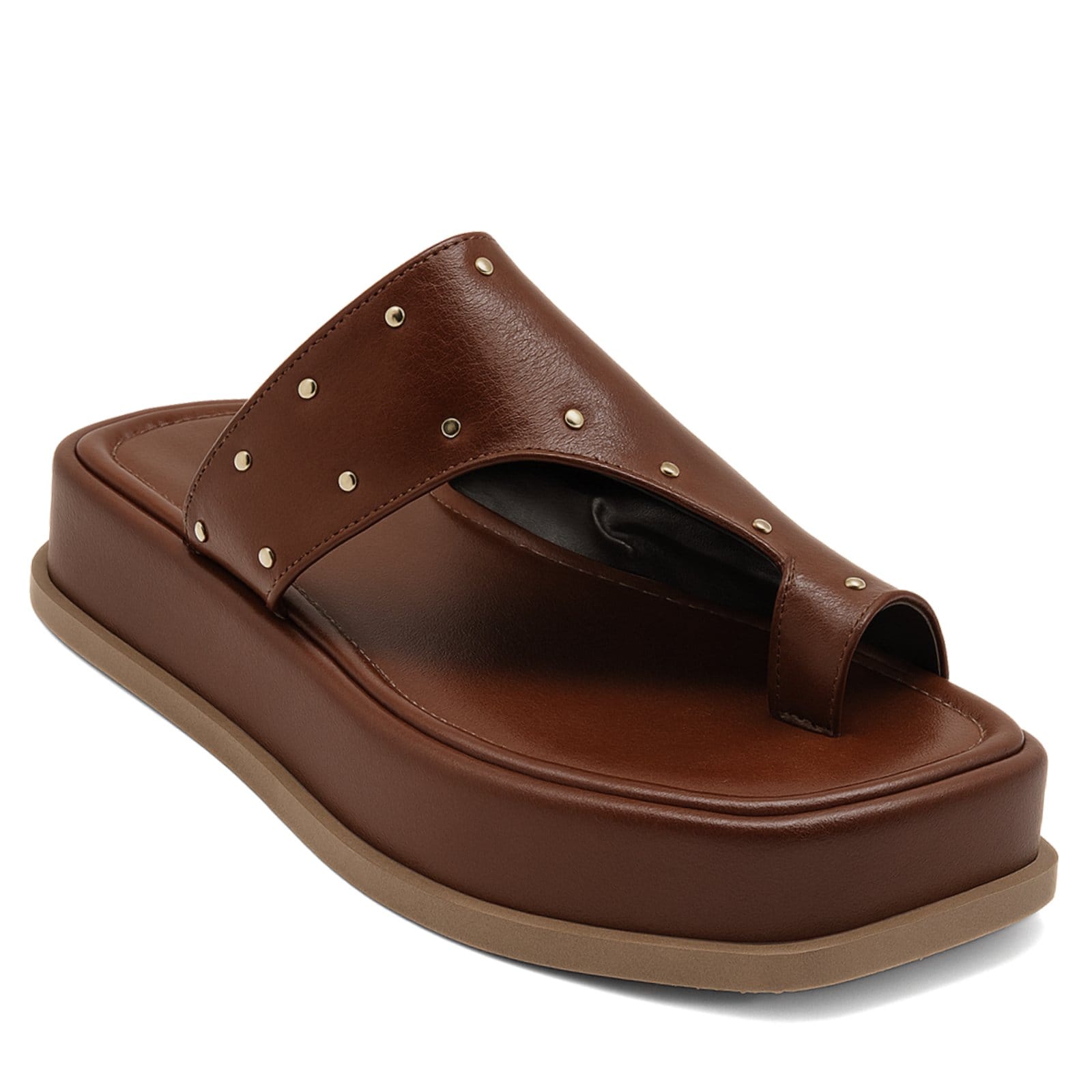 Sandália Papete Flatform Feminina Aplique Tachas Confortável Cacau 23404