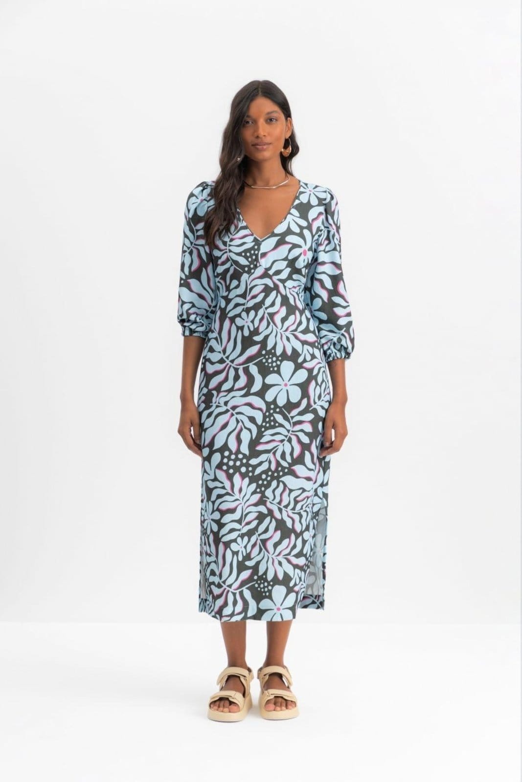 Vista principal Vestido Feminino Midi Floral Essendi Escuro Essendi verde