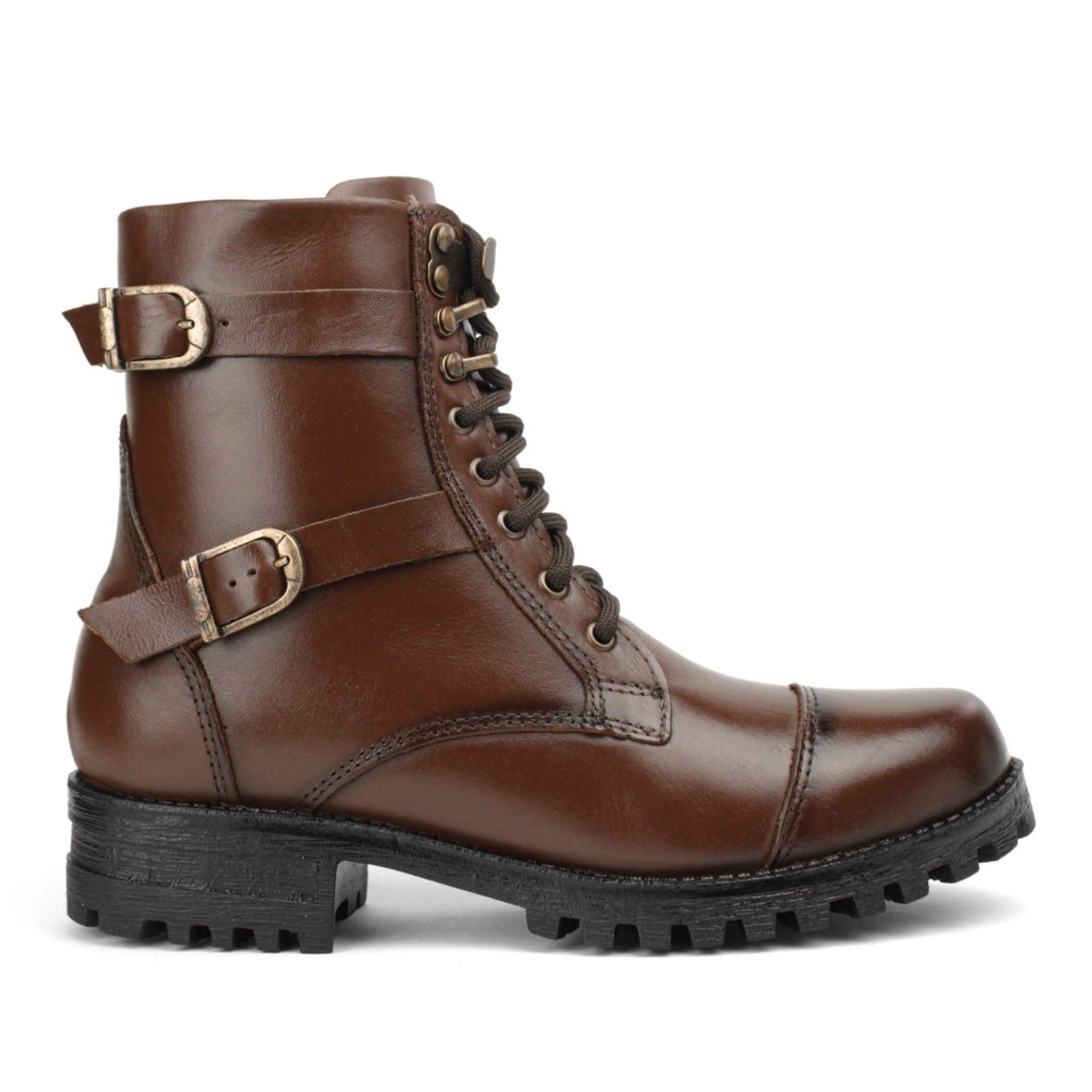 Vista principal Bota Coturno Militar Couro Feminino Cano Médio Solado Tratorabo Baixo Amarração Casual Pinhão super shoes marrom
