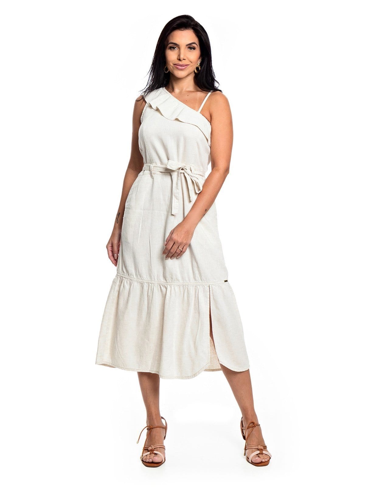 Vestido Midi Restrito Jeans de Linho Ombro a Ombro - AREIA