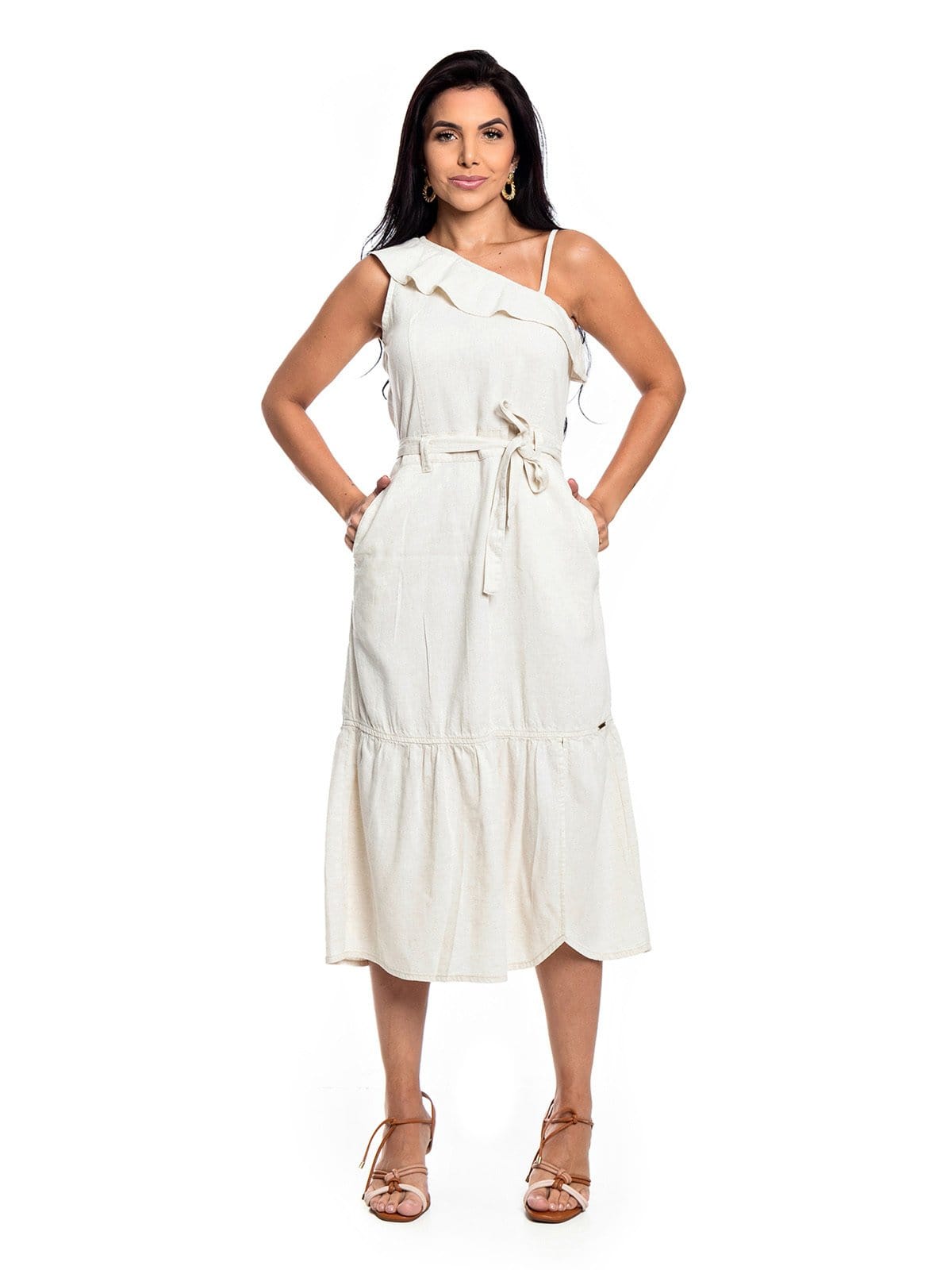 Vista 2 Vestido Midi Restrito Jeans de Linho Ombro a Ombro - AREIA Restrito Jeans bege