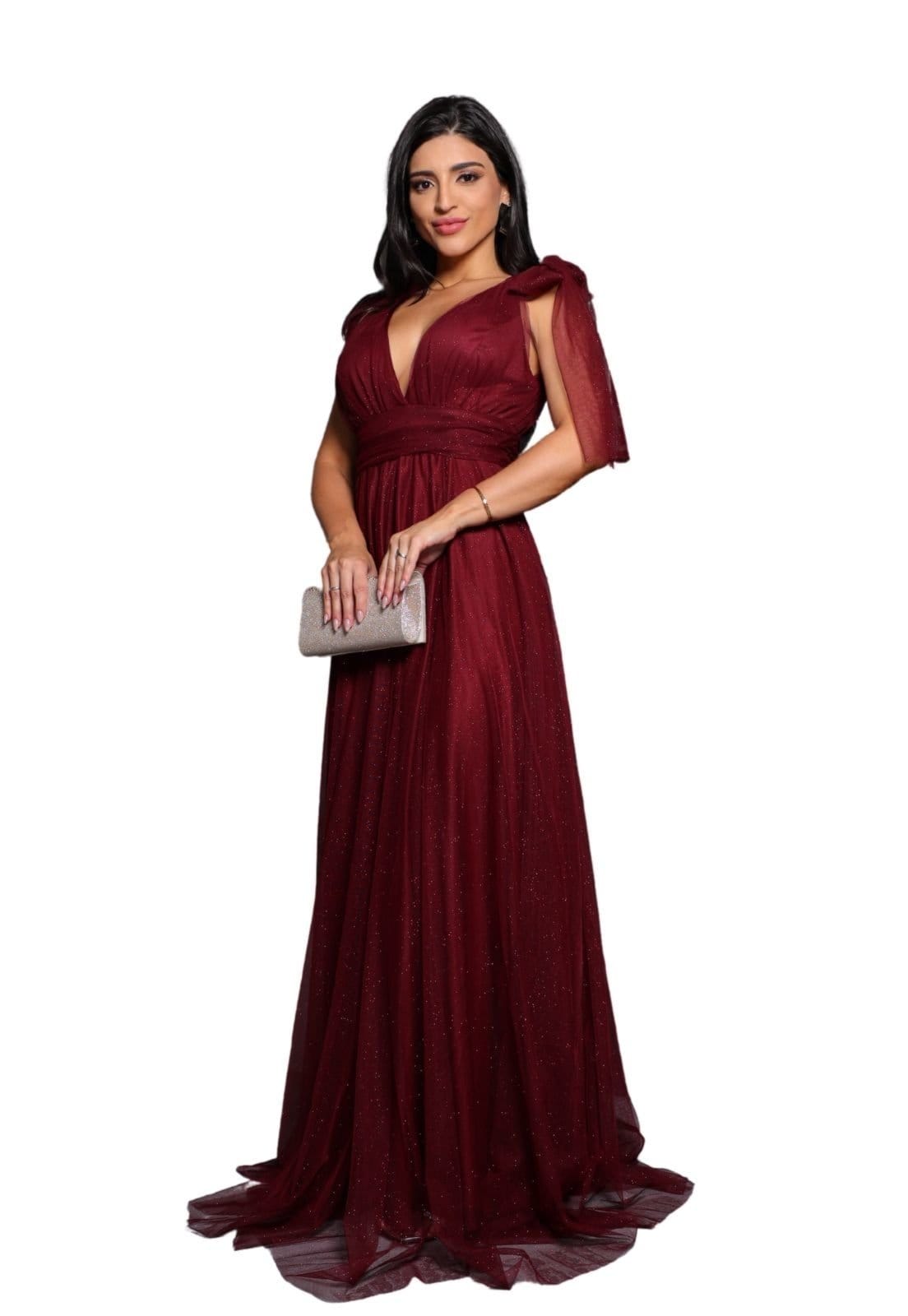 Vestido Longo de Festa Micro Tule com Brilho Madrinhas Decote em V Greice Marsala