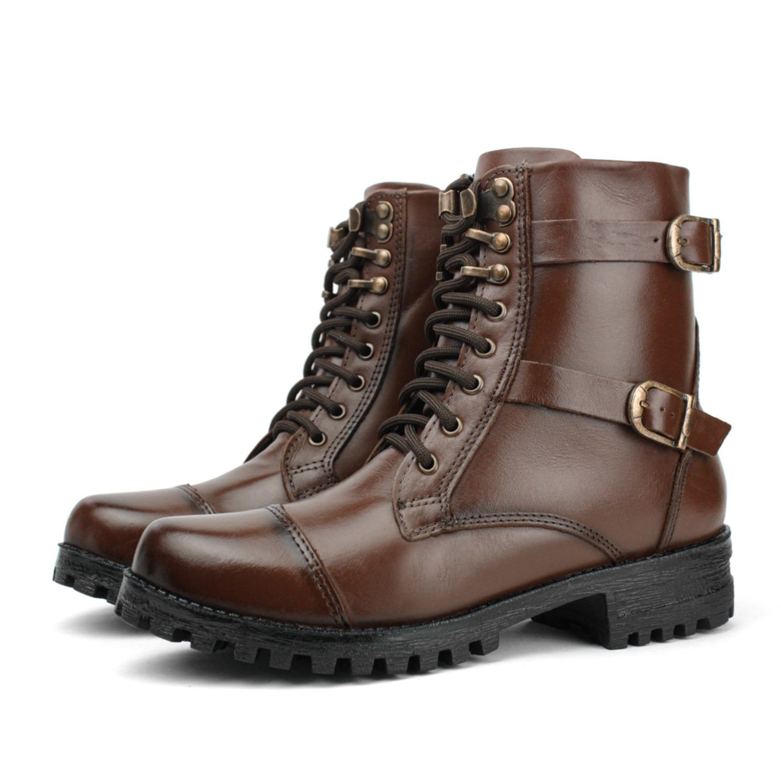 Vista 2 Bota Coturno Militar Couro Feminino Cano Médio Solado Tratorado Baixo Amarração Casual FRANCA GRIFFE marrom