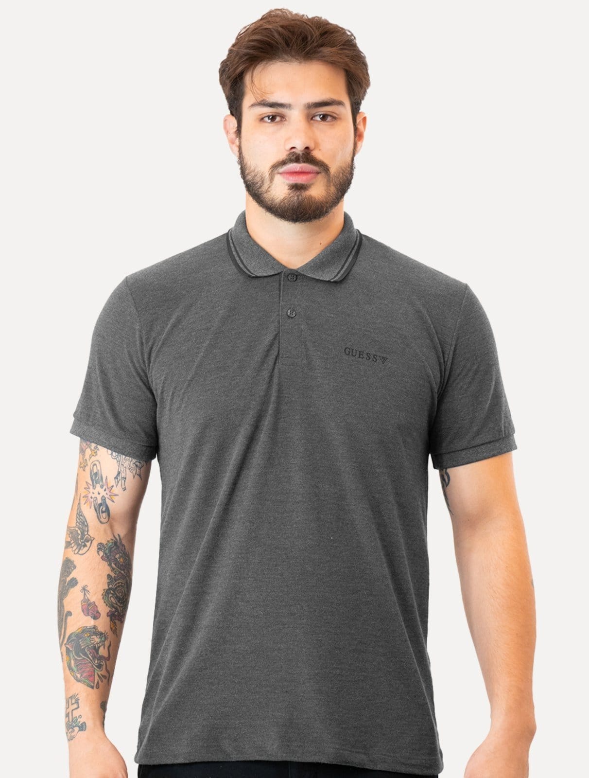 Polo Guess Masculina Piquet Bordado Friso Gola Escuro Mescla