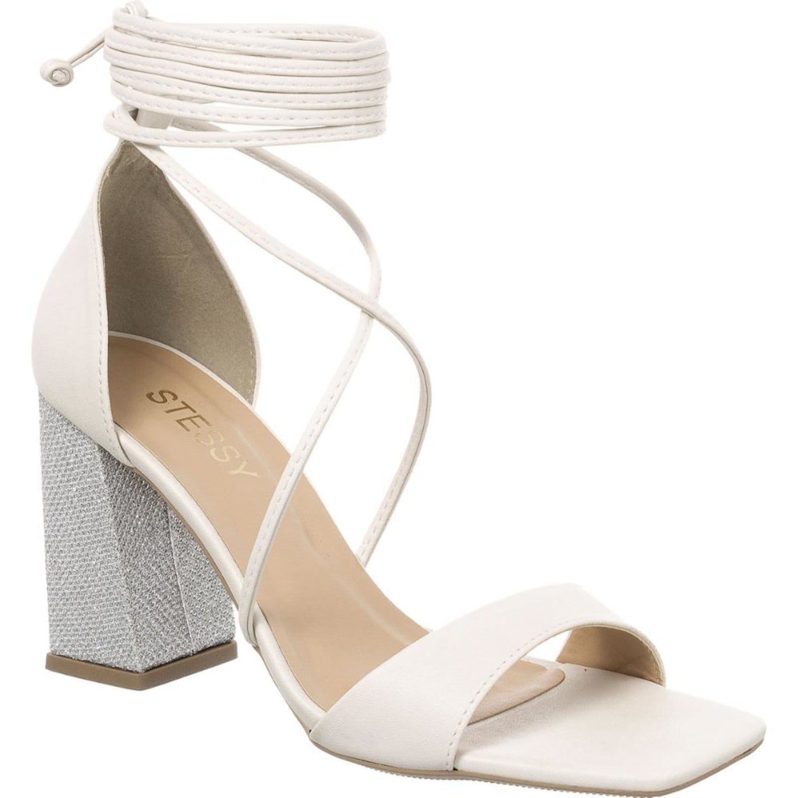 Sandália Feminina Brilho Strass Salto Alto Bloco Amarração Off White Com Metalizado