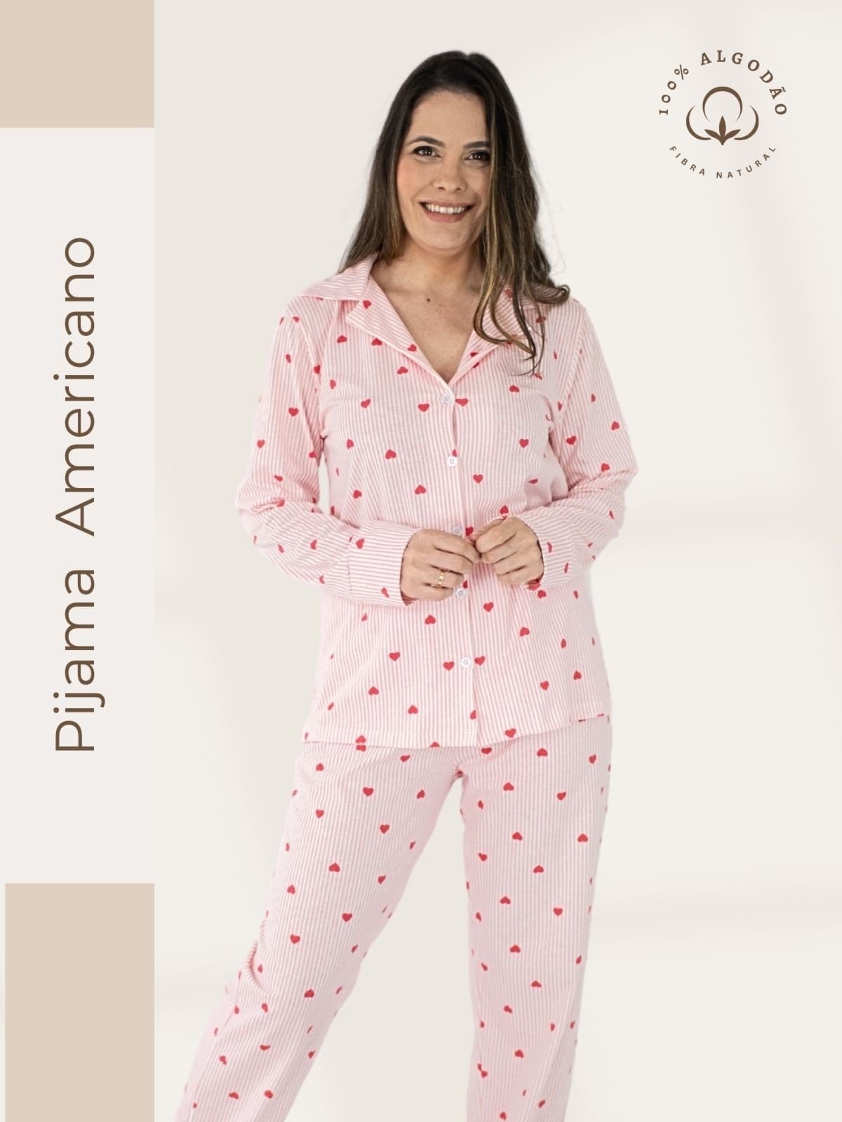 Vista principal Pijama Algodão Americano Feminino Longo Piante Amanda Corações Listrado Piante rosa