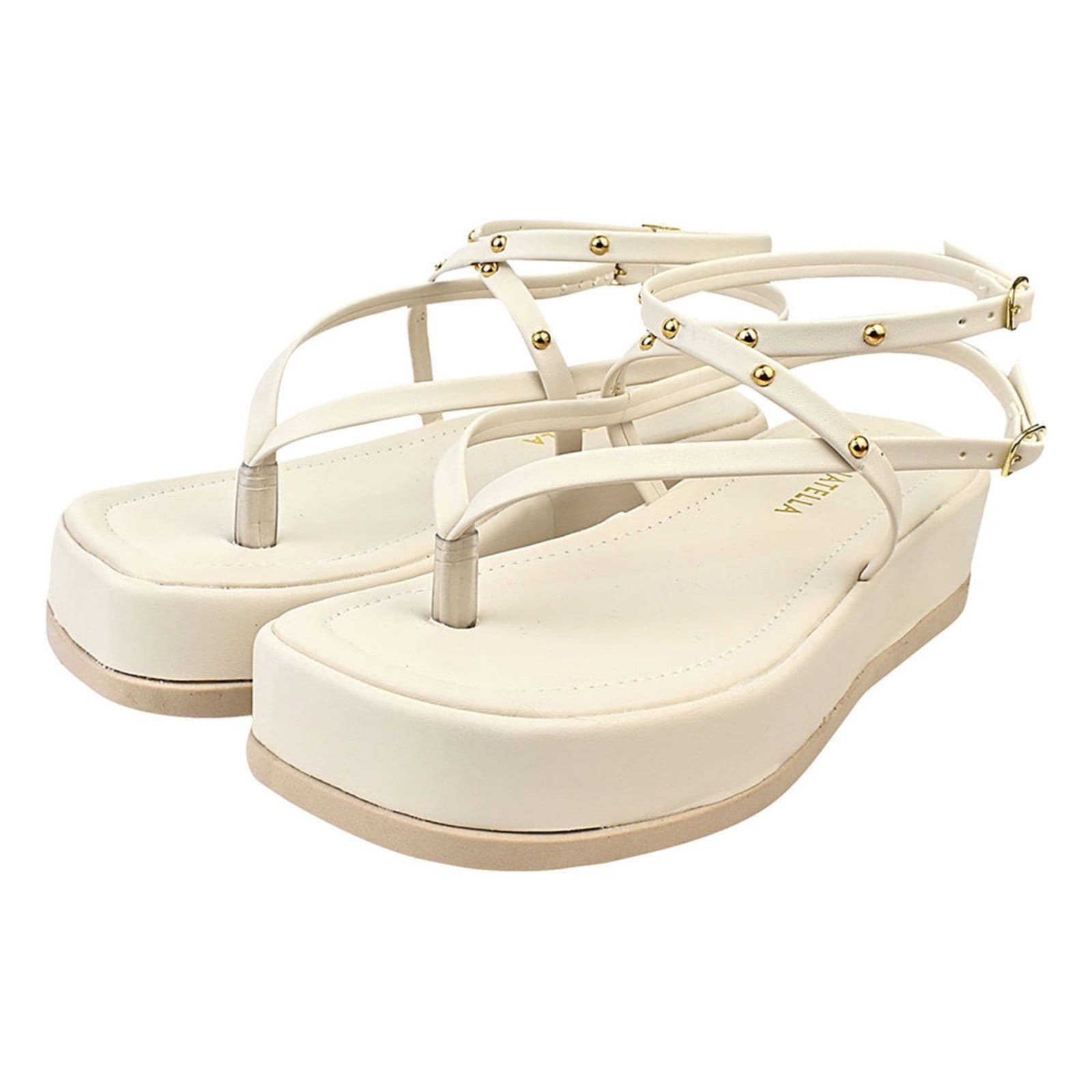 Sandalia Feminina Plataforma Donatella Shoes Confortável Chinelo de Dedo Rebite Tacha Fivela Off White