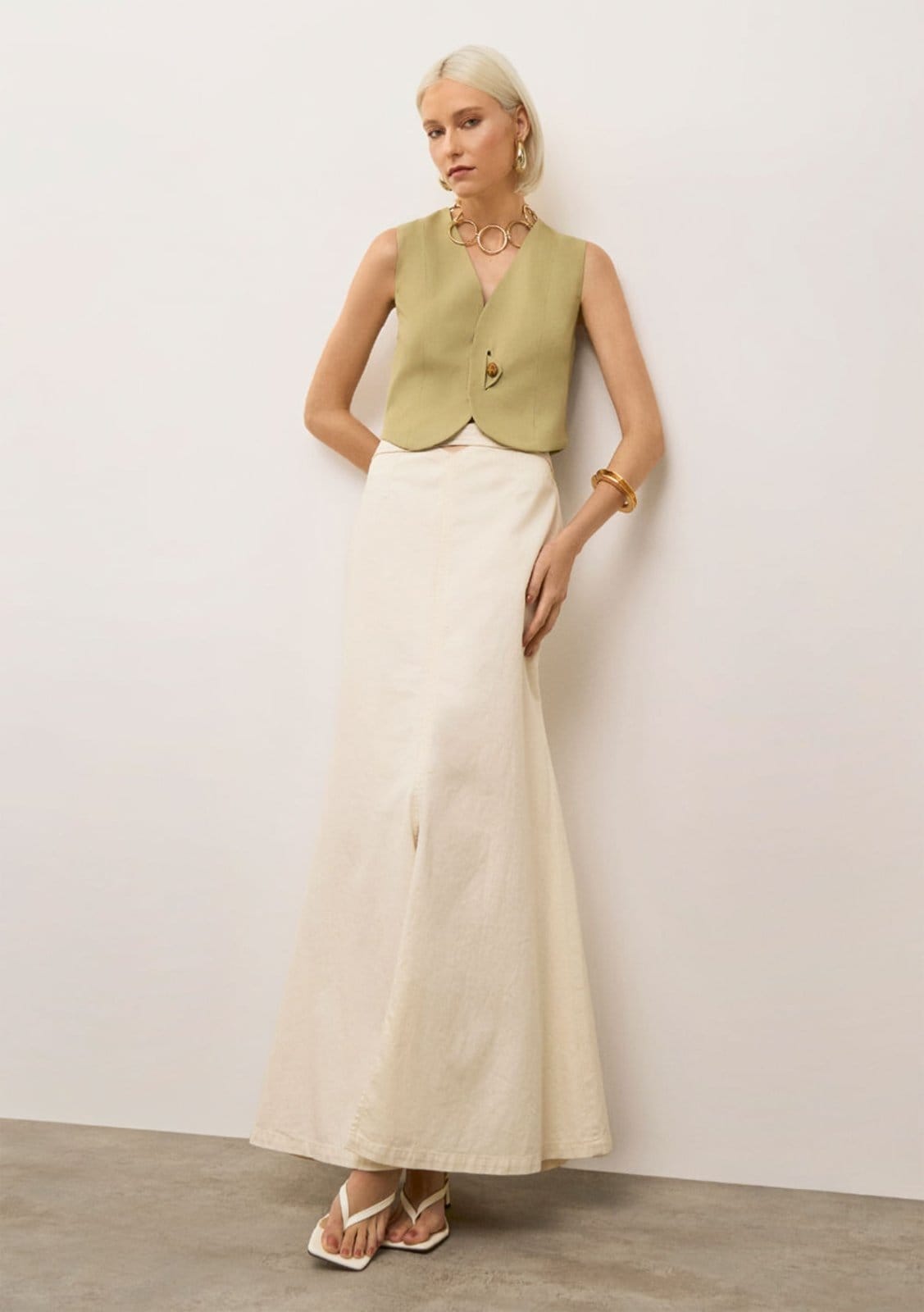 Vista principal Saia Iódice Evasê Alta Midi Off-white IÓDICE off-white white