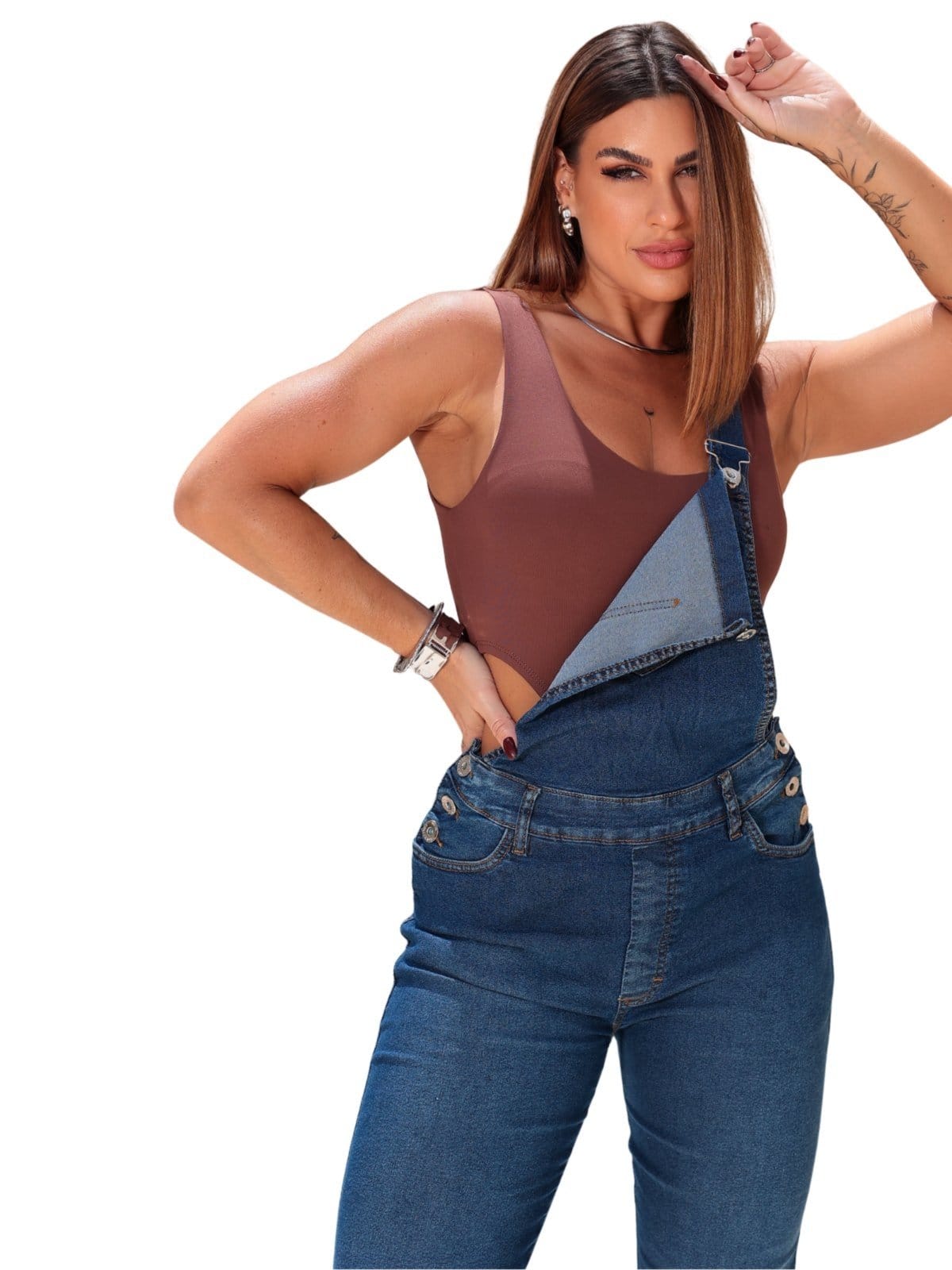 Vista 2 Macacão Jardineira Feminina Jeans Puído JEANS LIGHT azul marinho