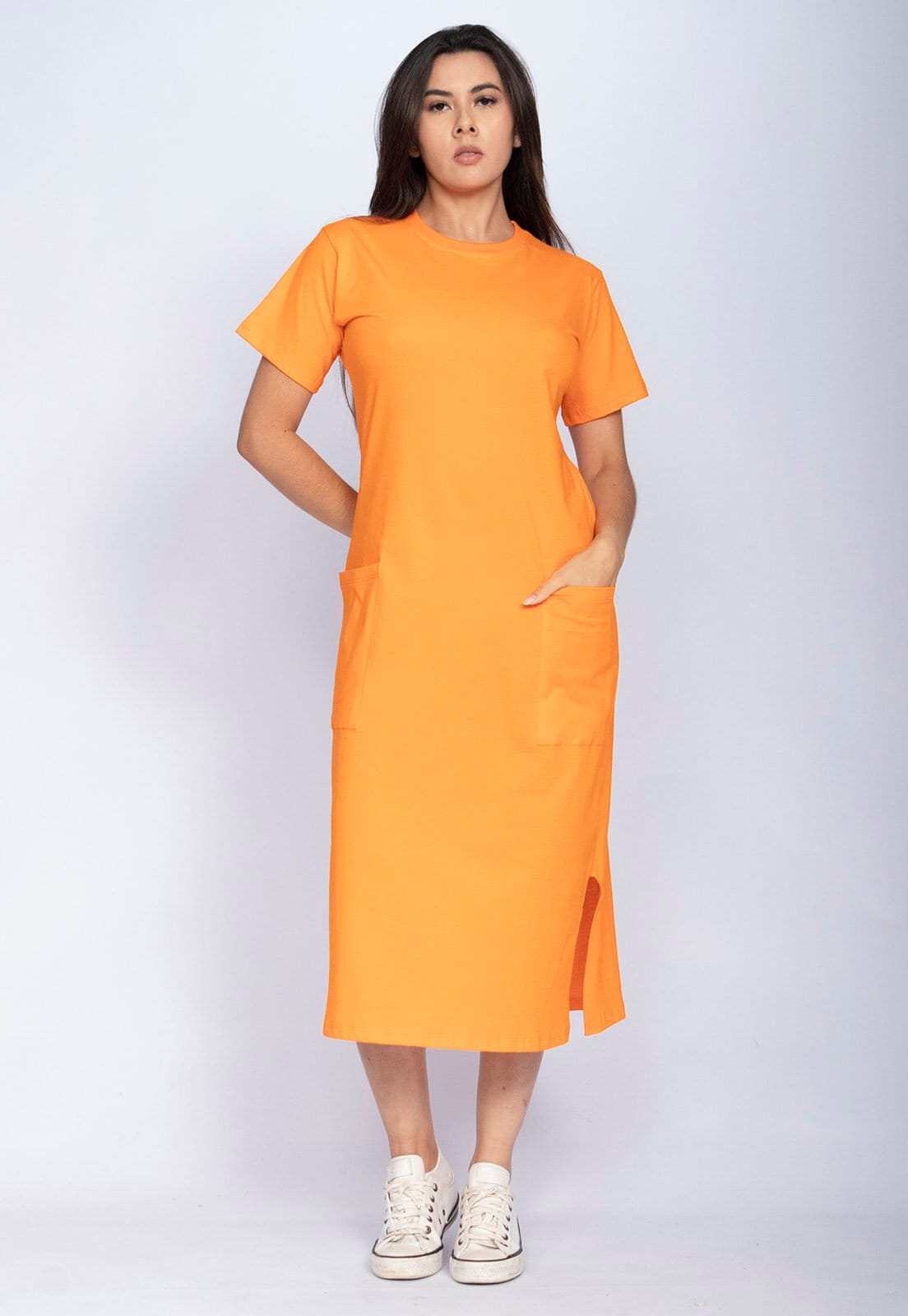 Vista principal Vestido Cabanafree Midi Easy Algodão Manga Curta Summer Cabanafree laranja