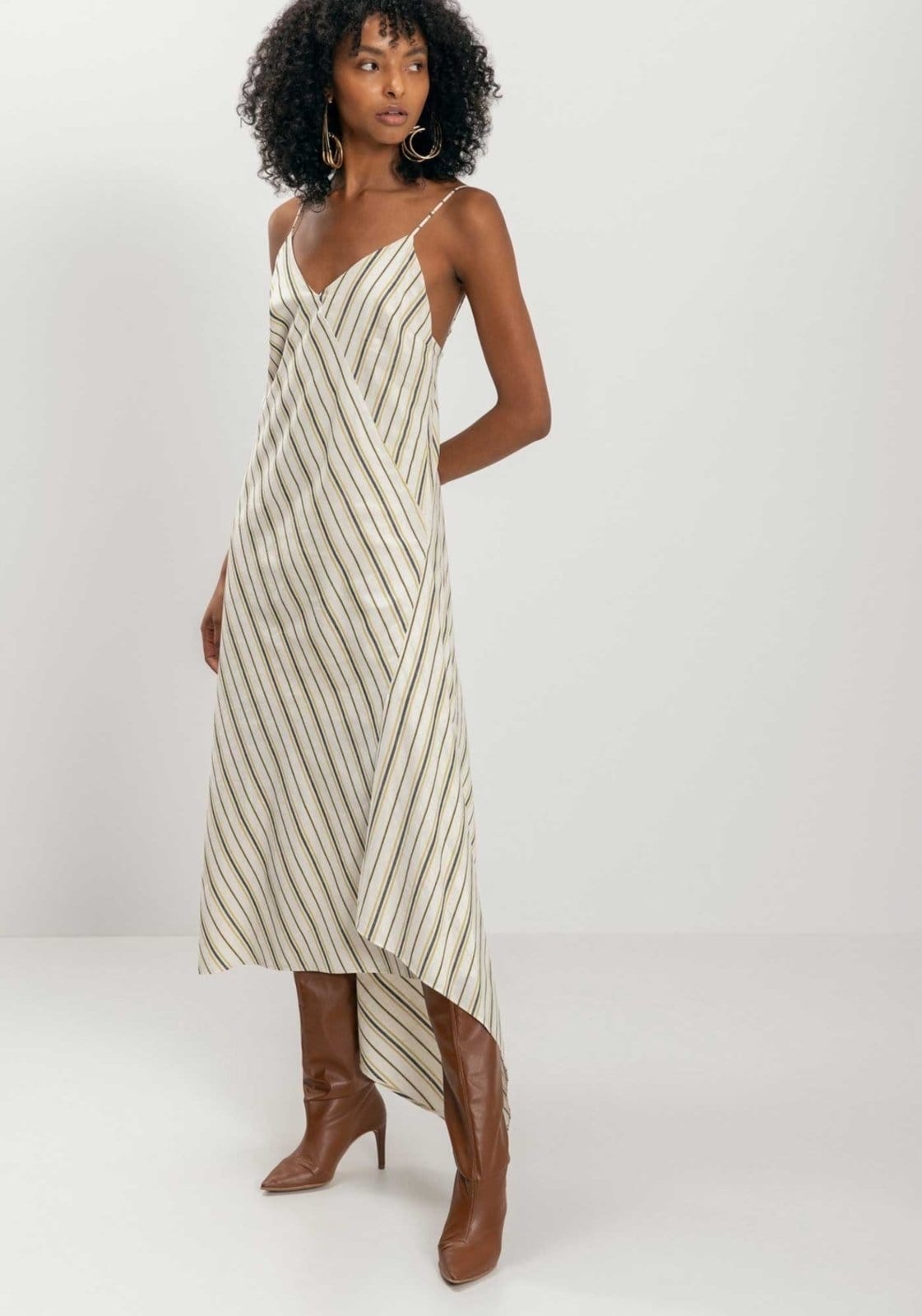 Vestido Chá Linho Leve Listrado De Alças