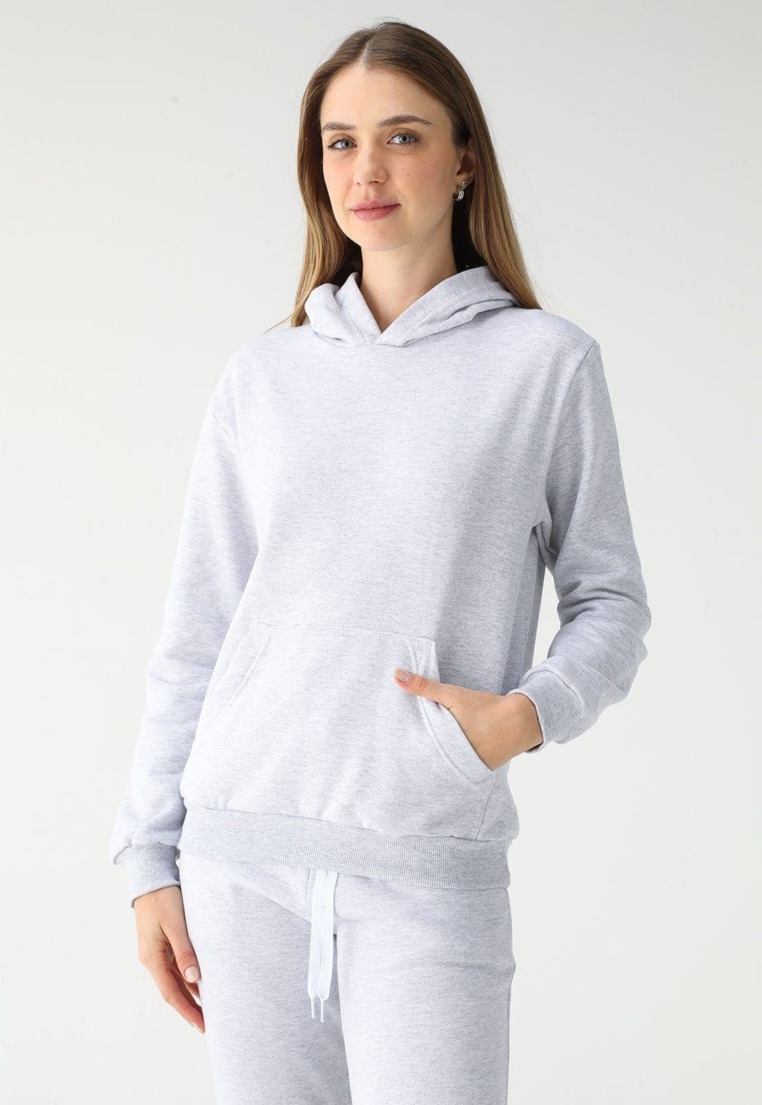 Vista principal Blusa de Frio Moletom Feminino Flanelado Benellys Liso Canguru Claro Benellys cinza