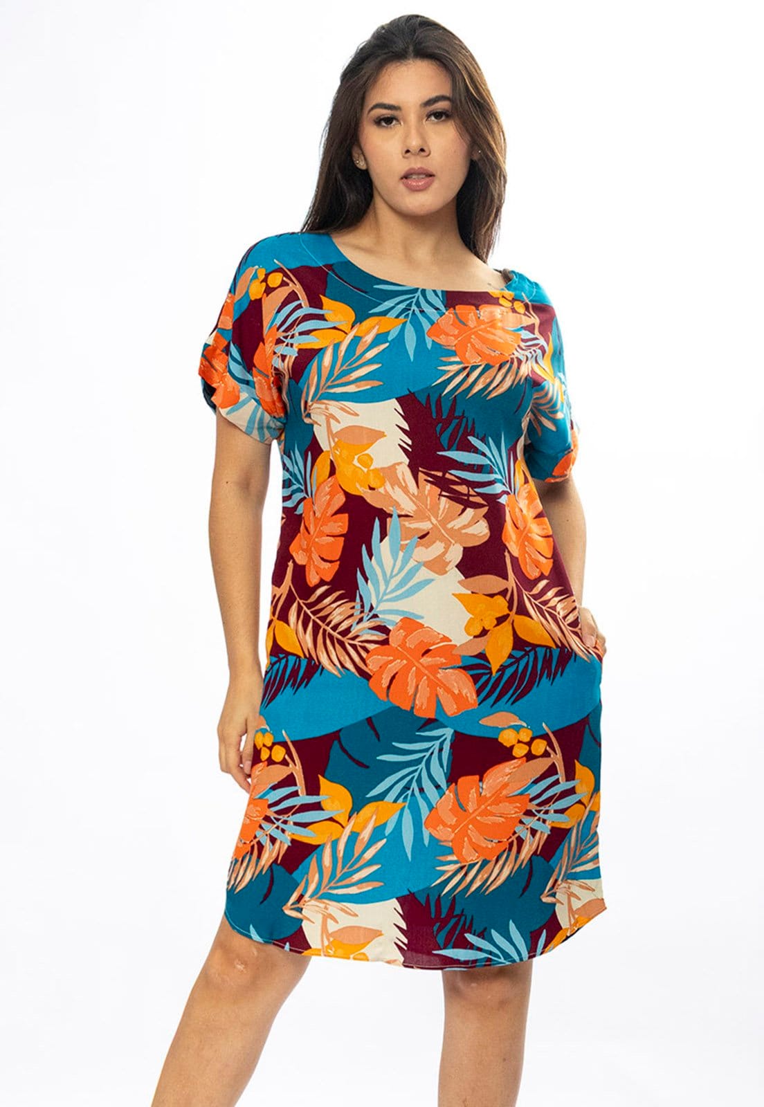 Vista 2 Vestido Curto Cabanafree Viscose com Bolso Estampa Aurora Profunda Cabanafree amarelo/estampado/laranja