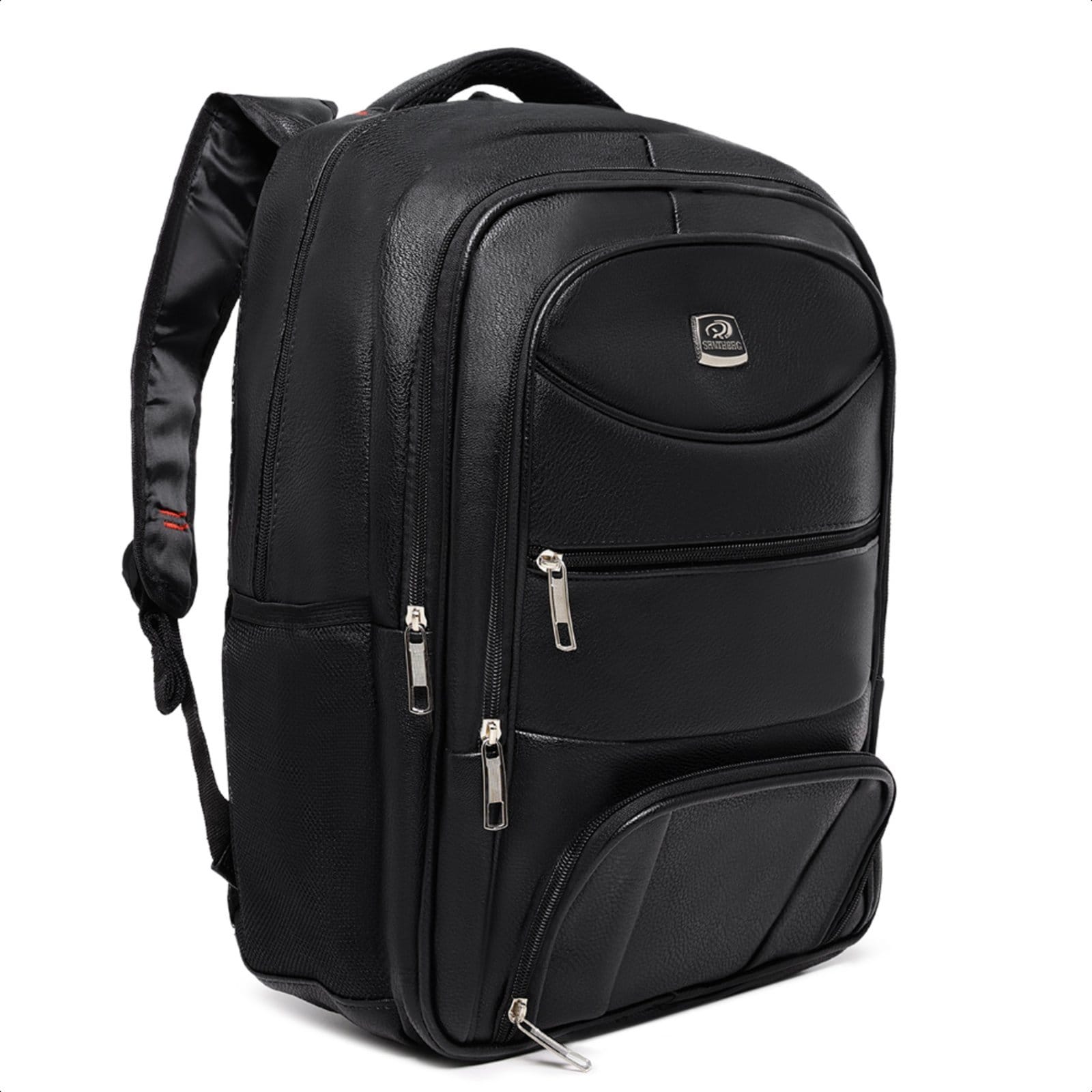 Vista principal Mochila Couro Masculina Resistente Espaçosa Universitaria Pinneri preto