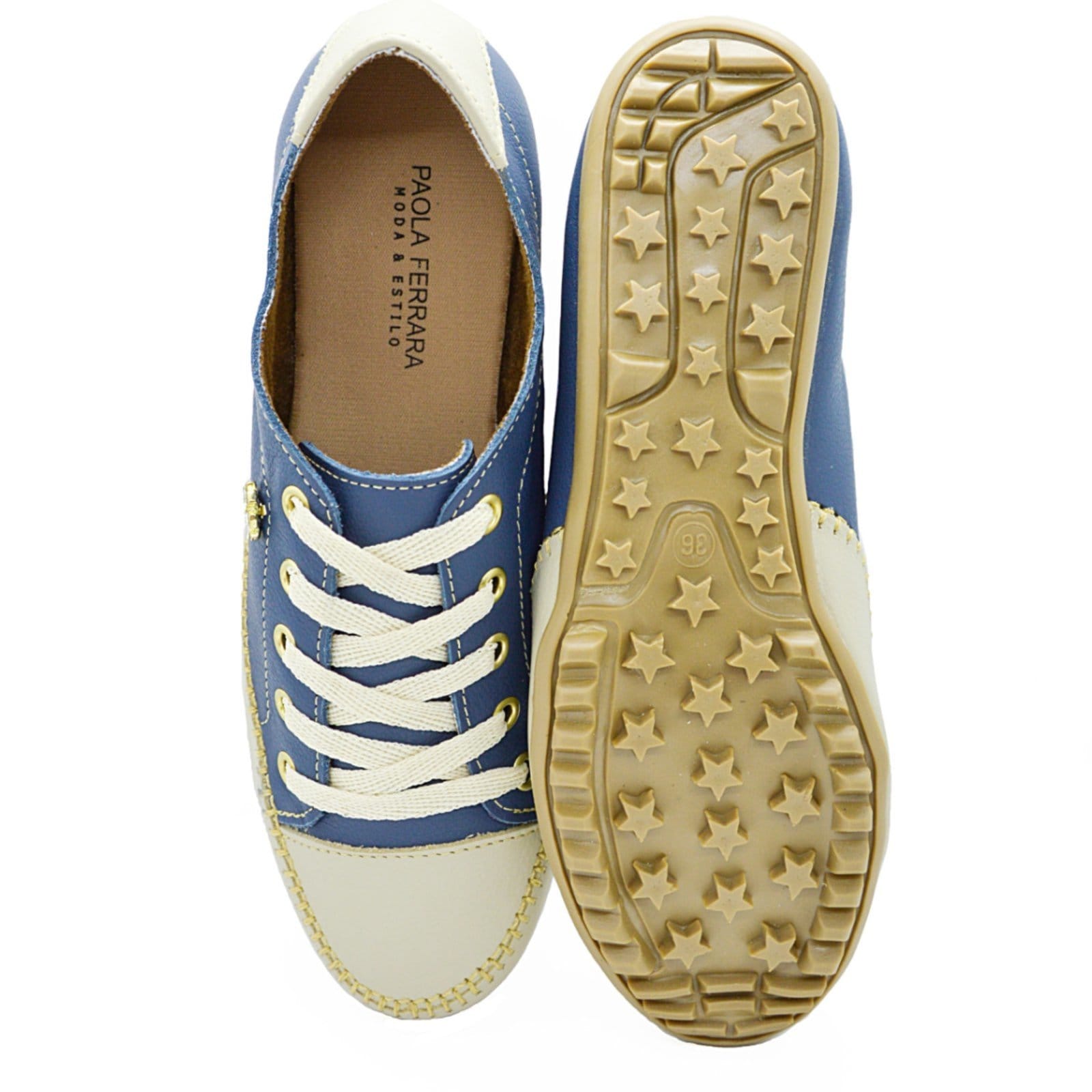 Vista 2 Tênis Sapatênis Coleção Paola Ferrara - COURO - TODO FORRADO - Cod800 Marino com Bege diRavena azul/azul marinho/bege azul