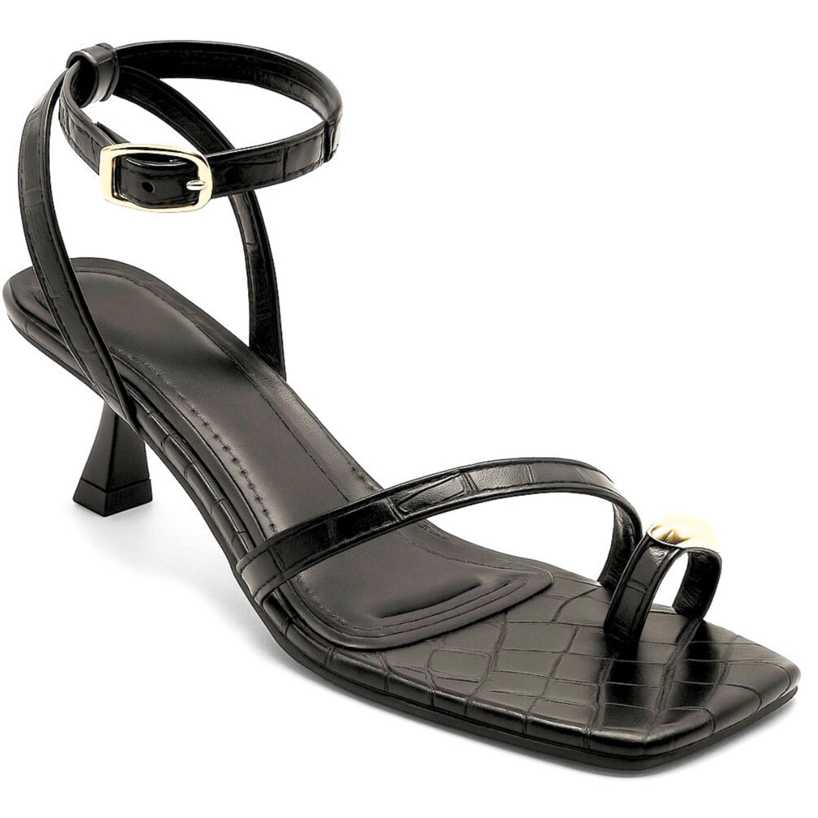 Vista 2 Sandáilia Feminina De Dedo Salto Baixo Com Anel de Dedo Croco 5413 Sete Sales preto