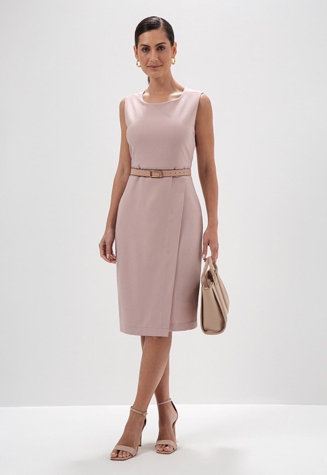 Vista 2 Vestido Tubinho sem Manga Clássico de Alfaiataria Rosê Ivone Principessa nude