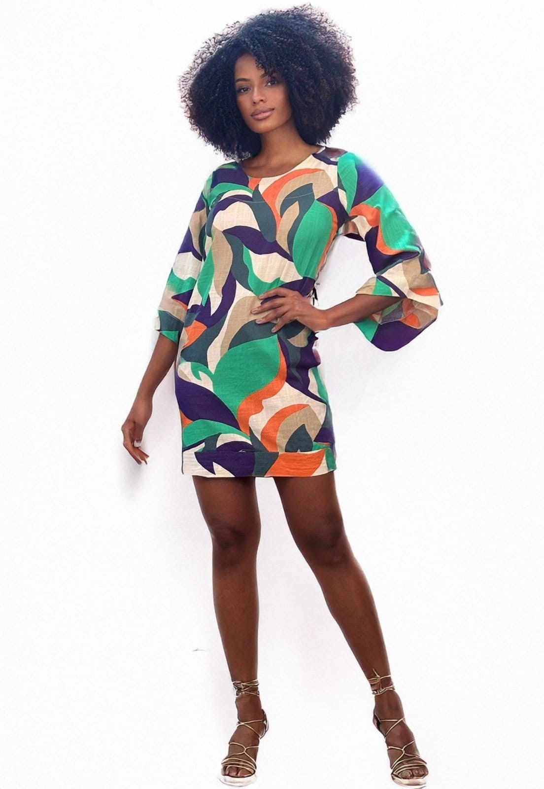 Vista principal Vestido Curto Amazonia Vital Viscose Manga Ampla Balli Brisa do Mar Amazonia Vital azul marinho/bege/estampado/laranja/verde