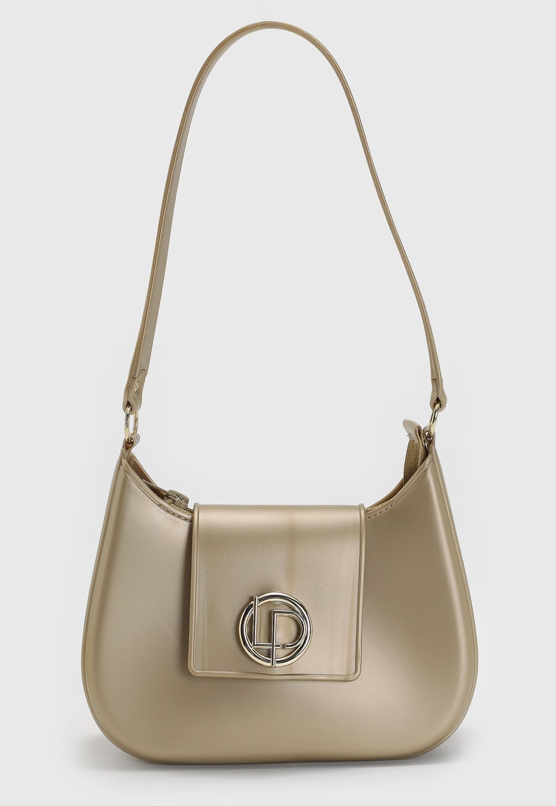 Vista principal Bolsa Média Feminina Lança Perfume Acabamento Metalizado Dourada Lança Perfume dourado