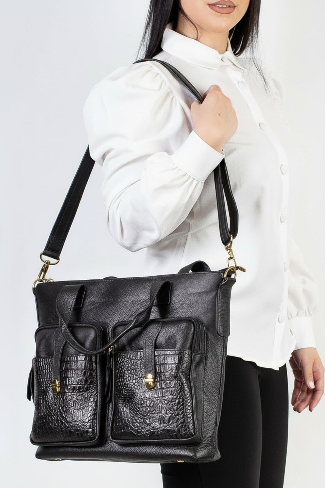 Vista 2 Bolsa Andrea Vinci Para Notebook De Couro Croco Jaque Andrea Vinci preto