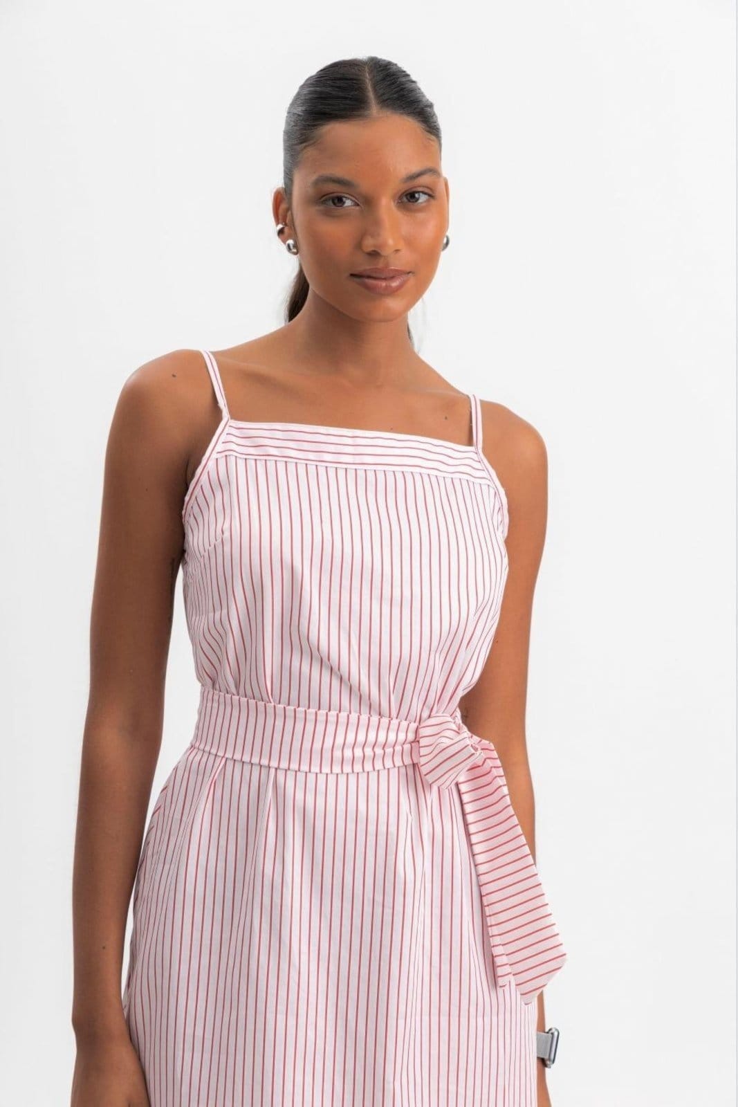 Vista 2 Vestido Midi Feminino Listrado Essendi Médio Essendi vermelho