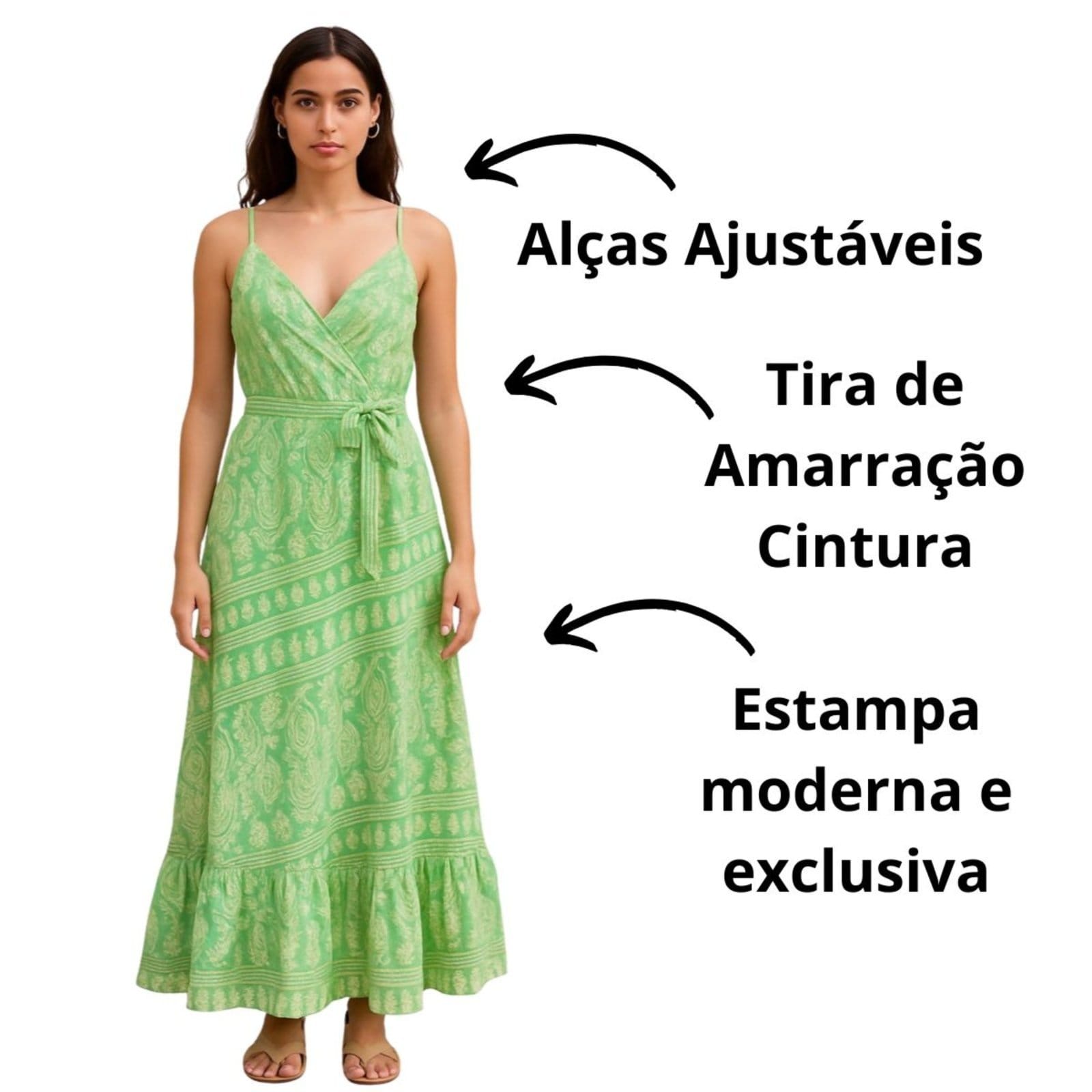 Vista 2 Vestido Longo FMF Indiano Boho Feminino FMF verde