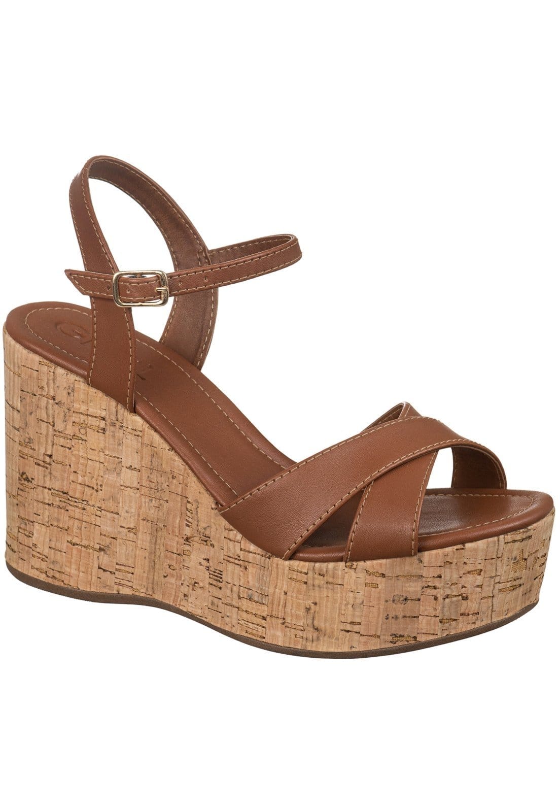 Vista 2 Sandália Feminina GiGiL Plataforma Anabela Salto Alto Tiras Cruzadas em X Moderna Gigil caramelo