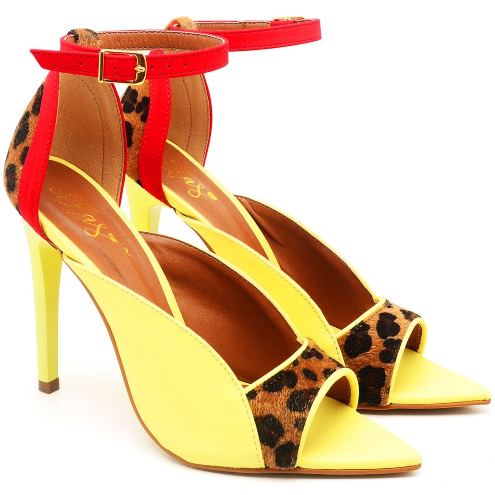 Vista principal Sandália Bico Folha Salto Alto em Couro Siciliano Ella's ZAFREM amarelo/onça