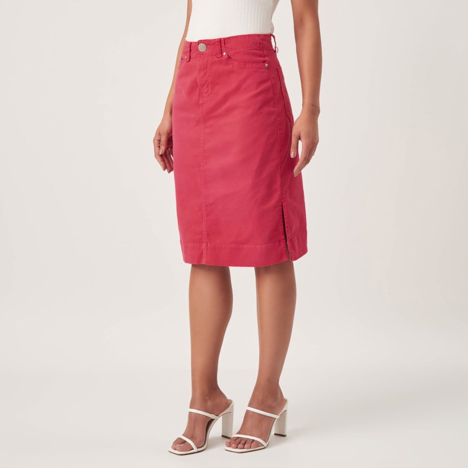 Vista principal Saia Jeans Color Confort Fendas Laterais Pimenta Bloom rosa