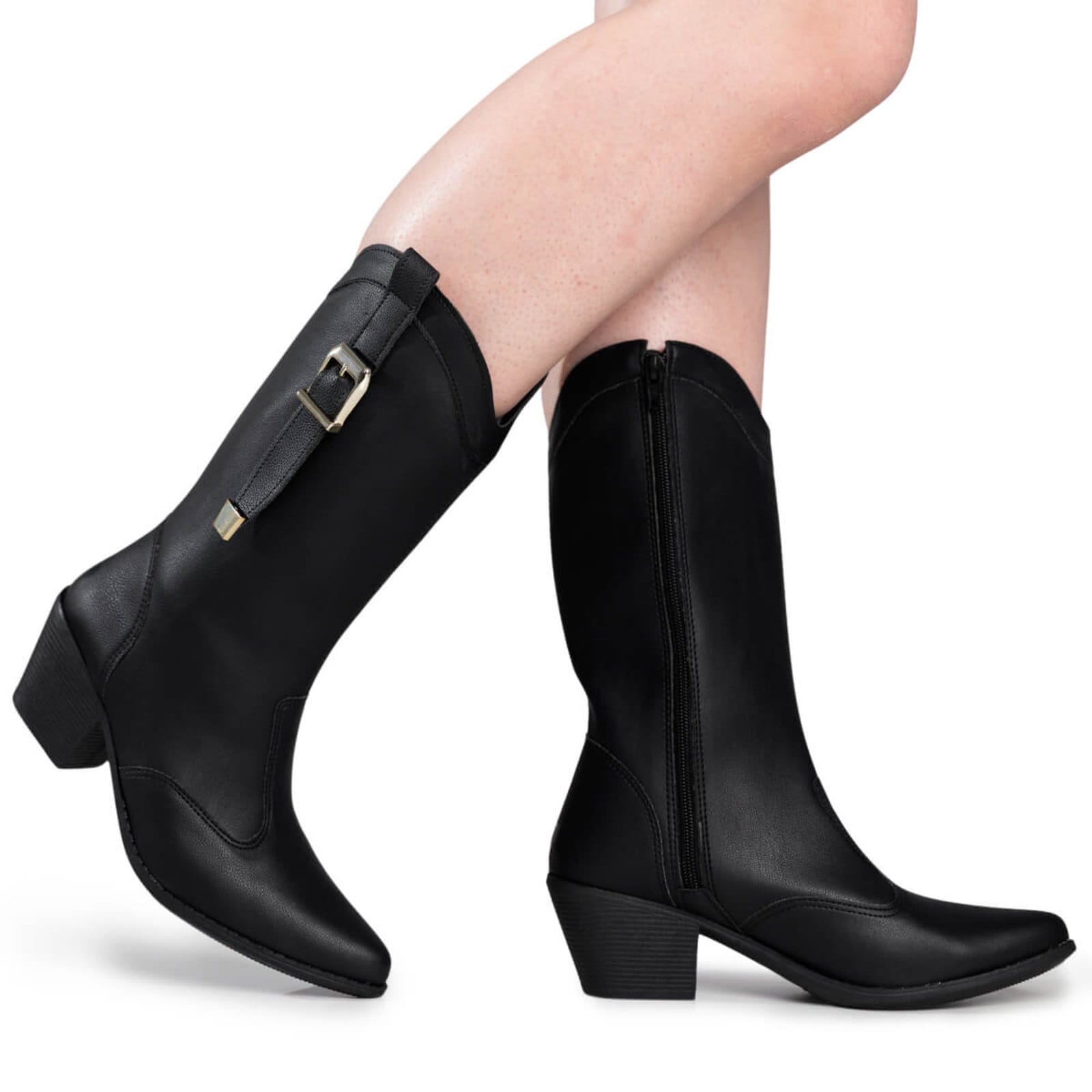 Vista principal Bota Feminina Texana Country Bico Fino Cano Alto Casual Confortável Via Angel 9001 VIA ANGEL preto