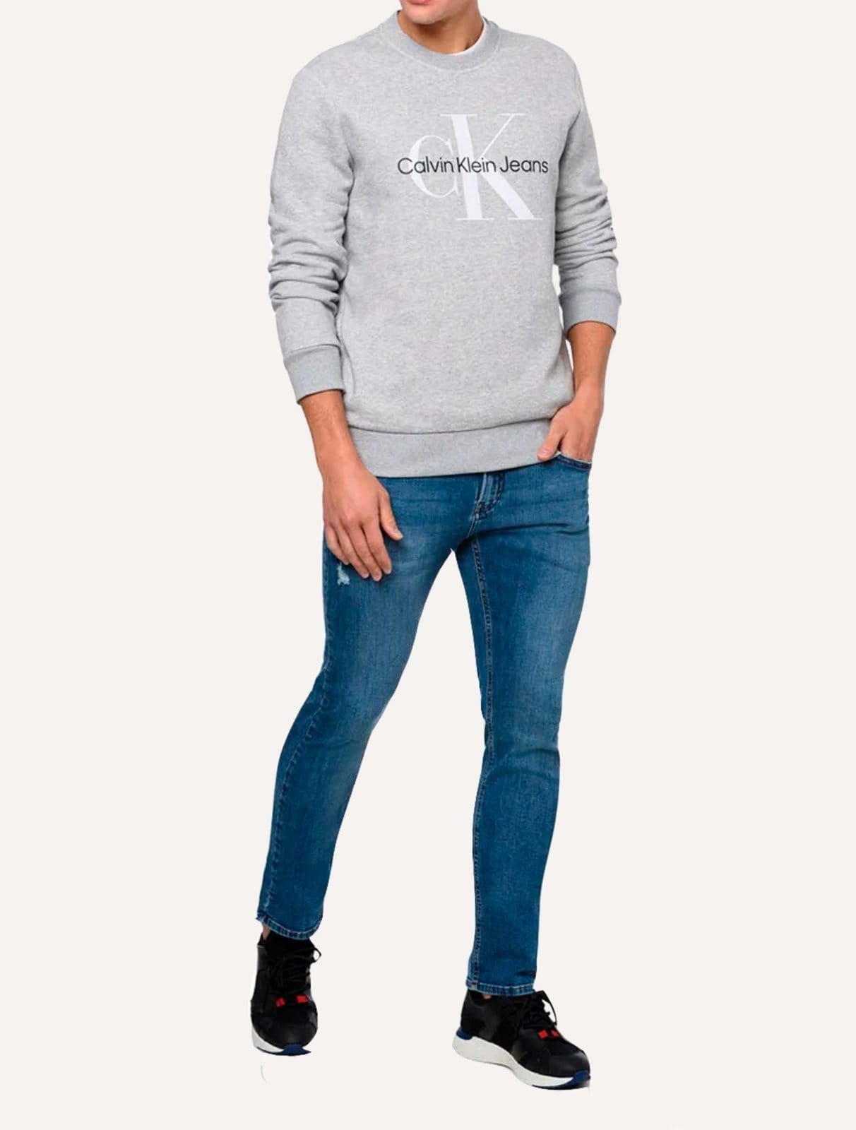Vista 2 Moletom Calvin Klein Jeans Masculino Crewneck Issue Monograma Mescla Calvin Klein cinza
