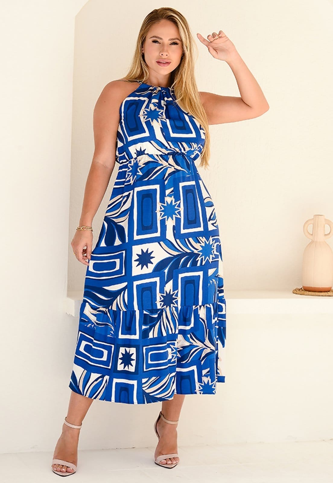 Vestido Midi Cava Americana B’Bonnie Anahi Estampa Azul