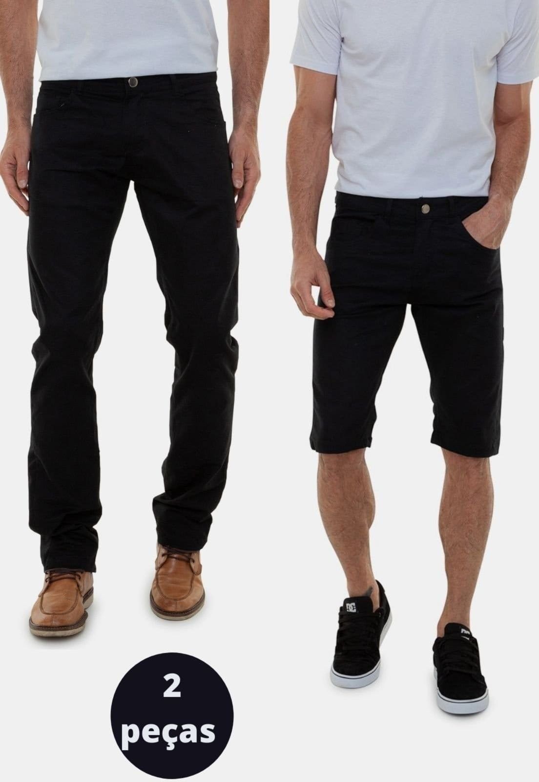 Vista principal Kit Bermuda Sarja e Calça Sarja Masculina Preta Versatti Versatti Jeans preto