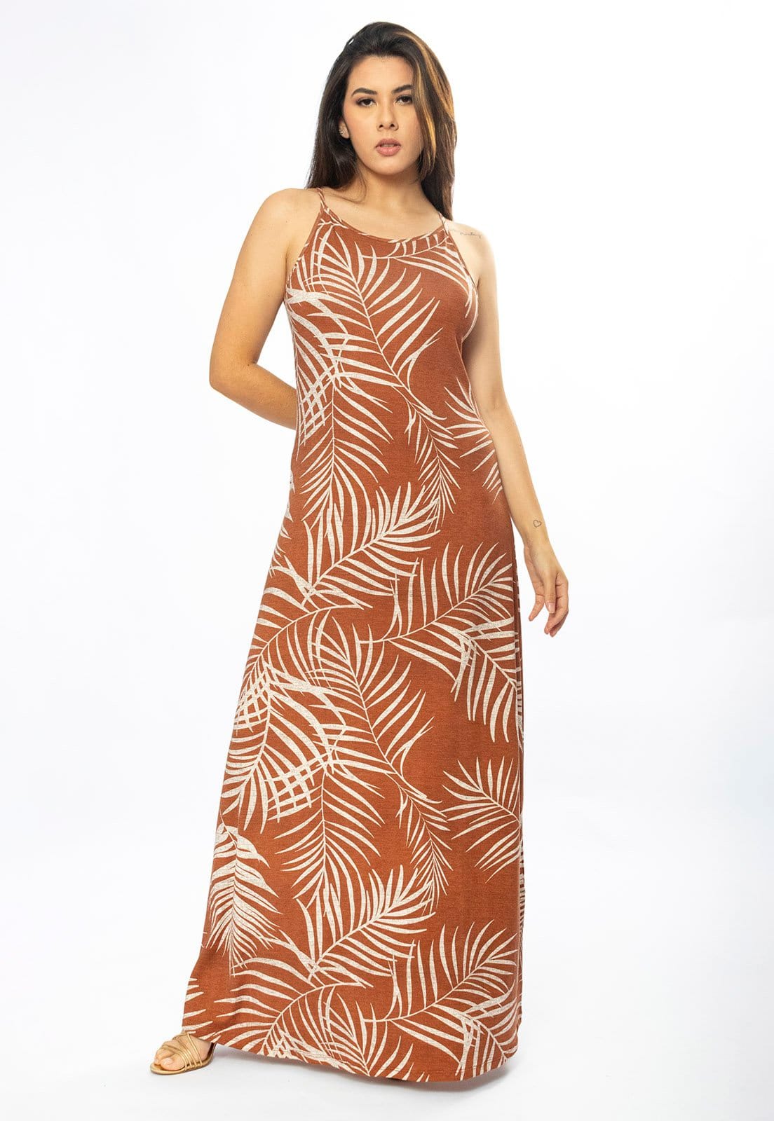 Vista 2 Vestido Longo Cabanafree Malha Trapézio Palmas da Terra Cabanafree estampado/off-white