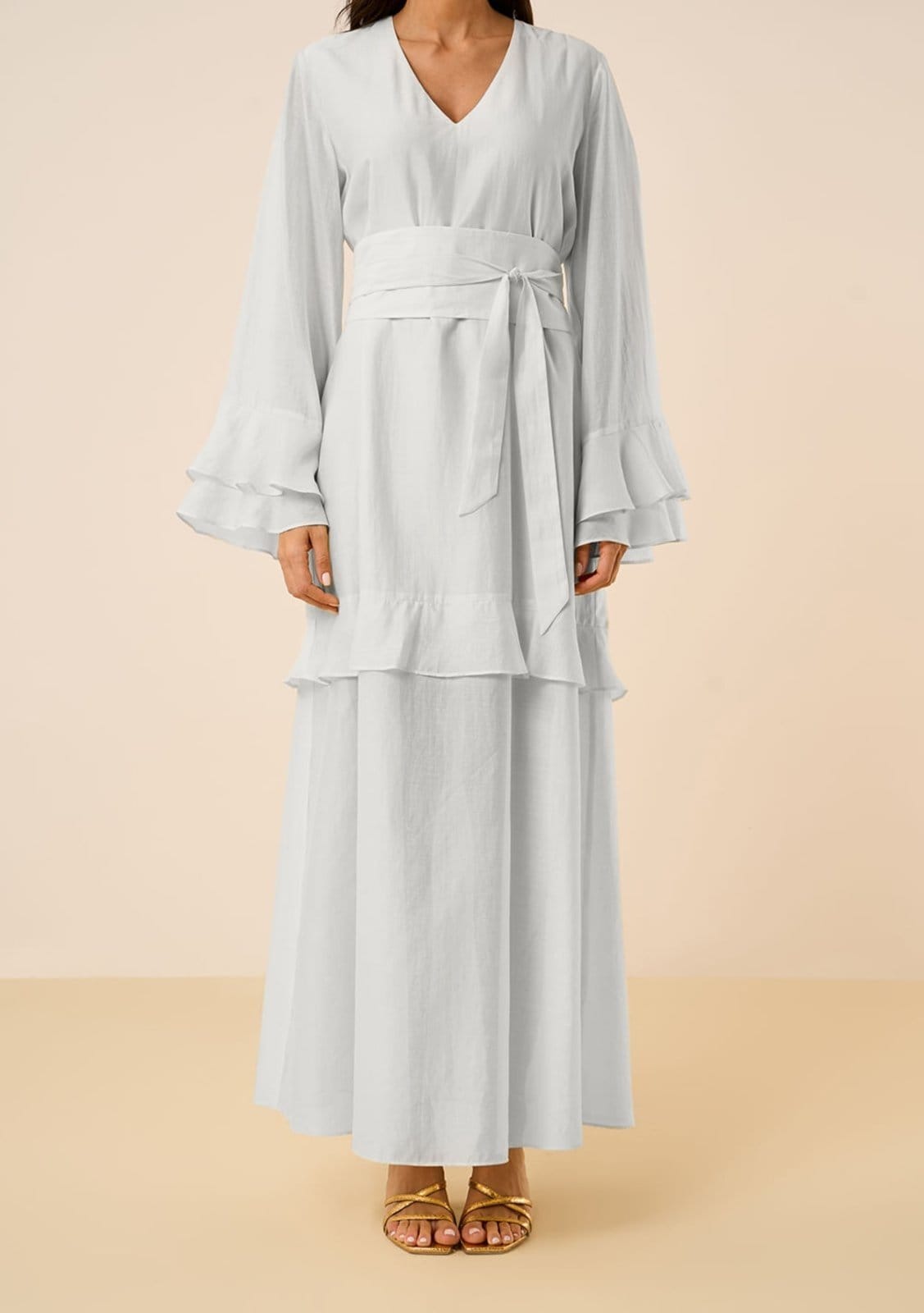 Vista 2 Vestido Maria Valentina Solto Decote V Manga Longa Longo Maria Valentina cinza