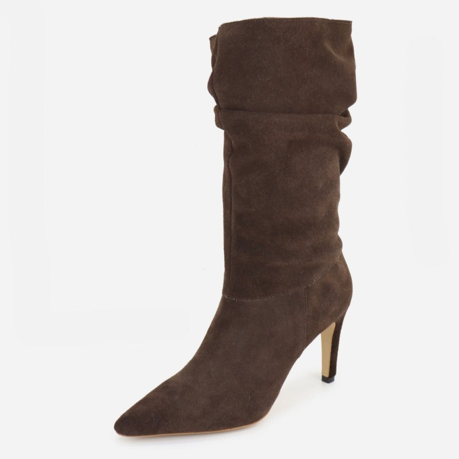 Vista principal Bota Feminina Salto Fino Bico Fino Enrugada Slouchy Em Couro Maria Paula Camurça Expresso MARIA PAULA marrom