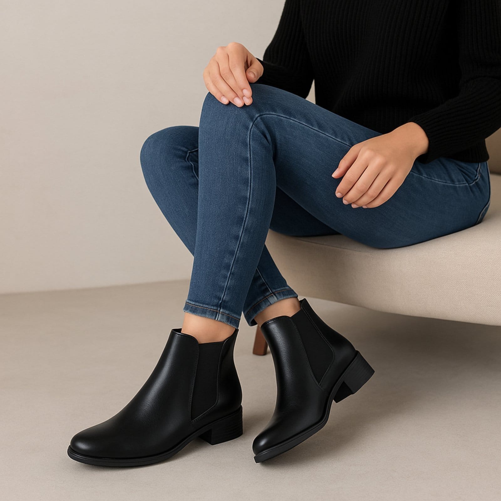 Bota Feminina Cano Curto Yes Basic Salto Baixo em Couro Elástico Lateral Preta