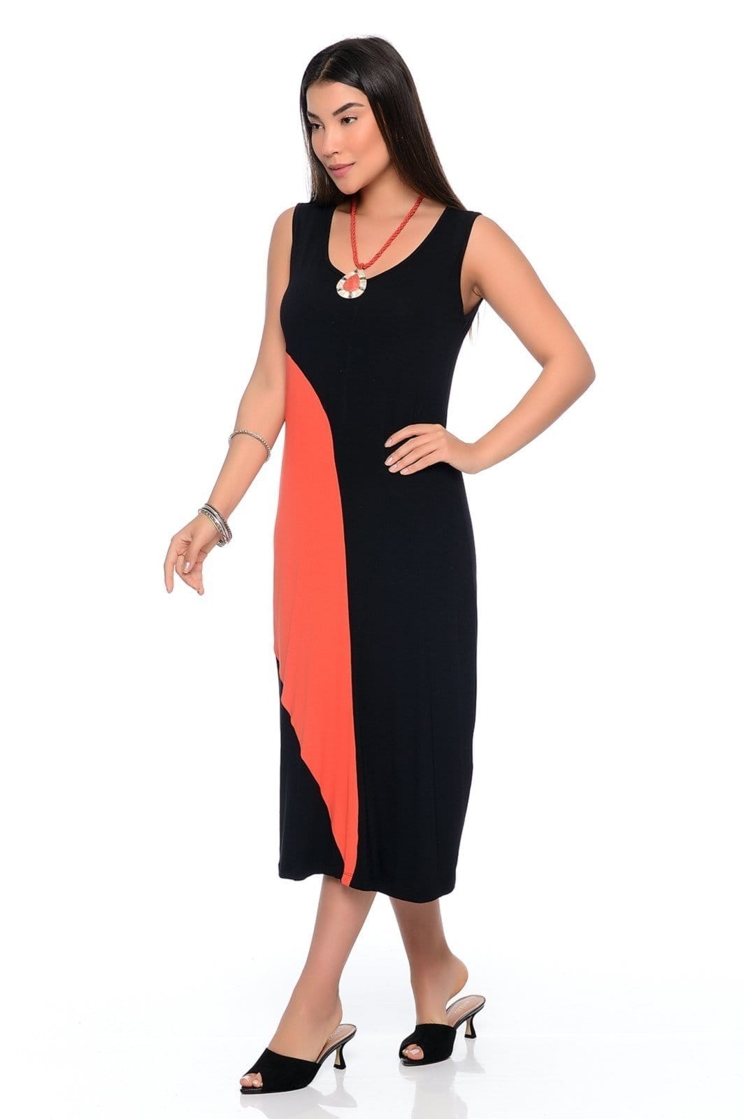 Vista 2 Vestido Midi Alça Larga Regata com Recorte B’Bonnie Lady Preto/Coral BBonnie preto coral