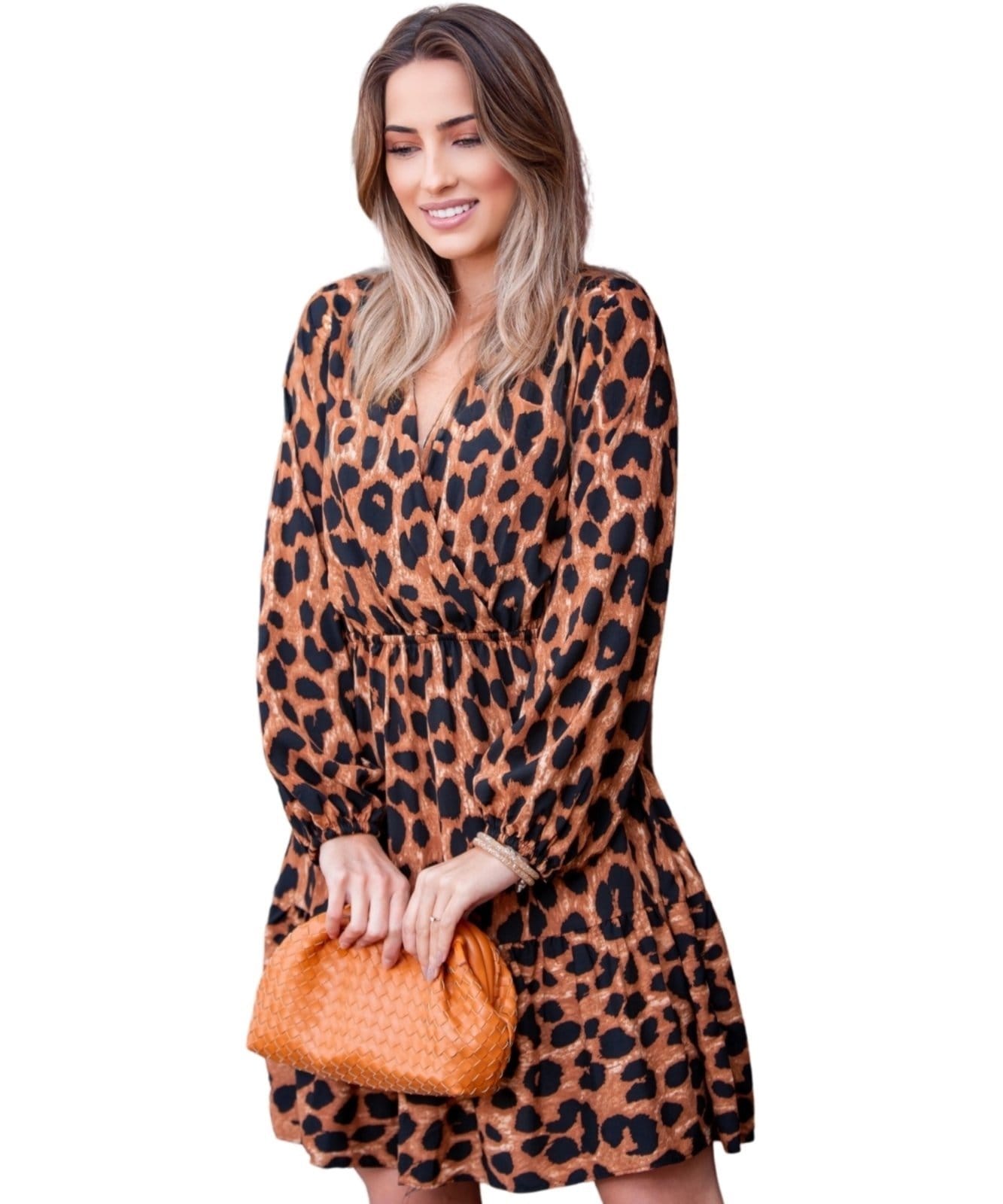 Vista 2 Vestido Curto Transpassado Onça Animal Print Manga Longa Viscose Cia do Vestido onça escuro