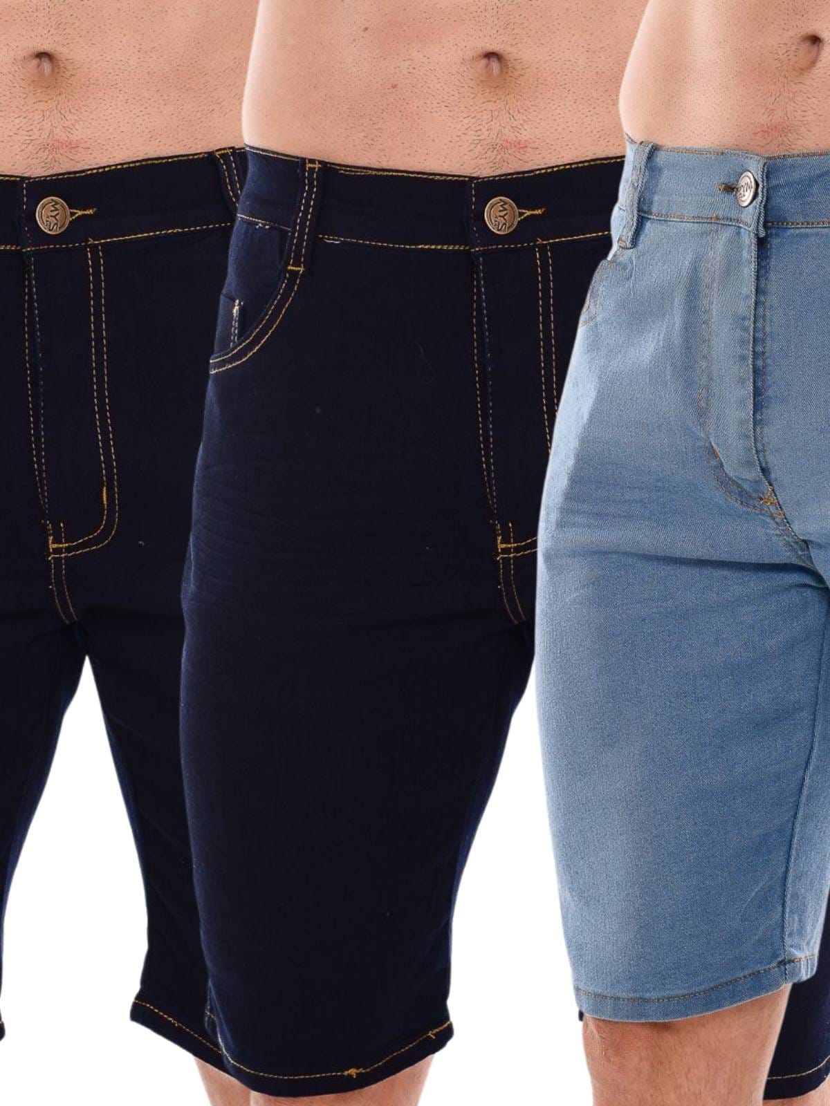 Vista principal Kit 3 Bermuda Mys Jeans Masculina Confortável Delavê e Escuro Ethereal Jeans azul