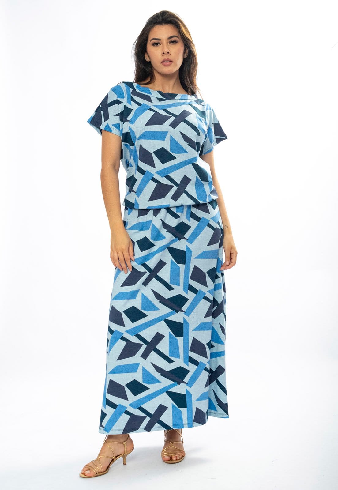 Vista 2 Vestido Longo Amazônia Vital Morcego Malha Estampa Caminhos de Azul Amazonia Vital azul marinho/estampado