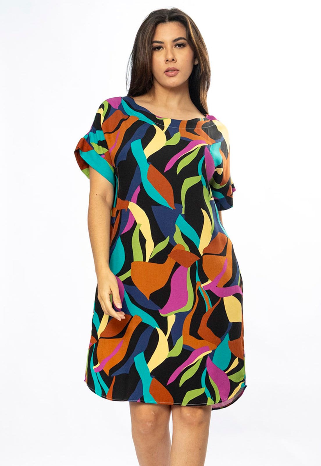 Vista principal Vestido Curto Cabanafree Viscose com Bolso Estampa Aurora Urbana Cabanafree azul/estampado/marrom/roxo/verde