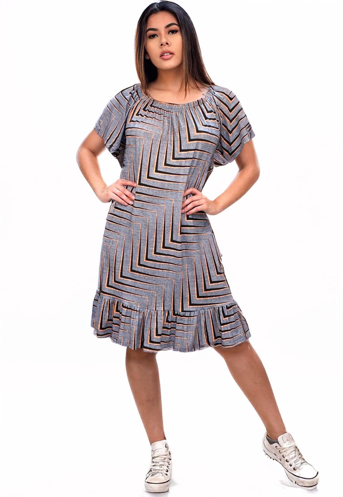 Vista 2 Vestido Curto Cabafree Malha Mullet Ombro a Ombro Amplo Estampa Murici Cabanafree cinza/estampado