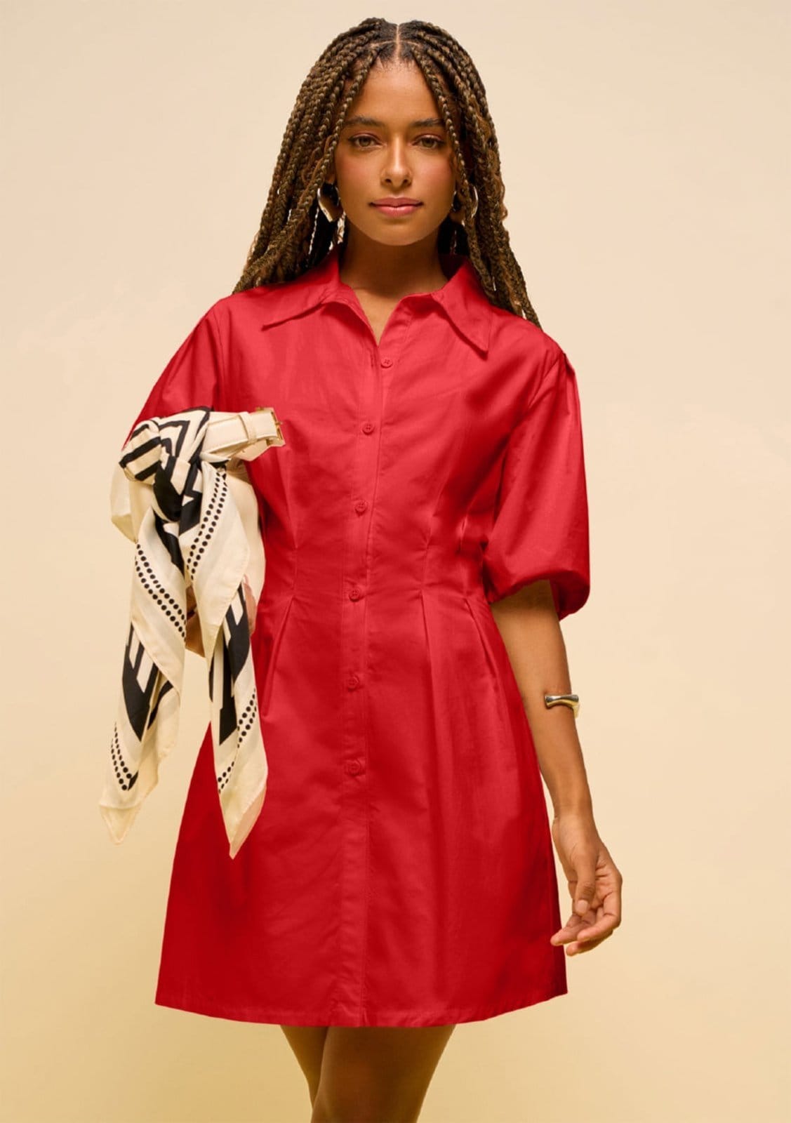 Vestido Zinco Solto Gola Clássica Manga 3 Quartos Curto